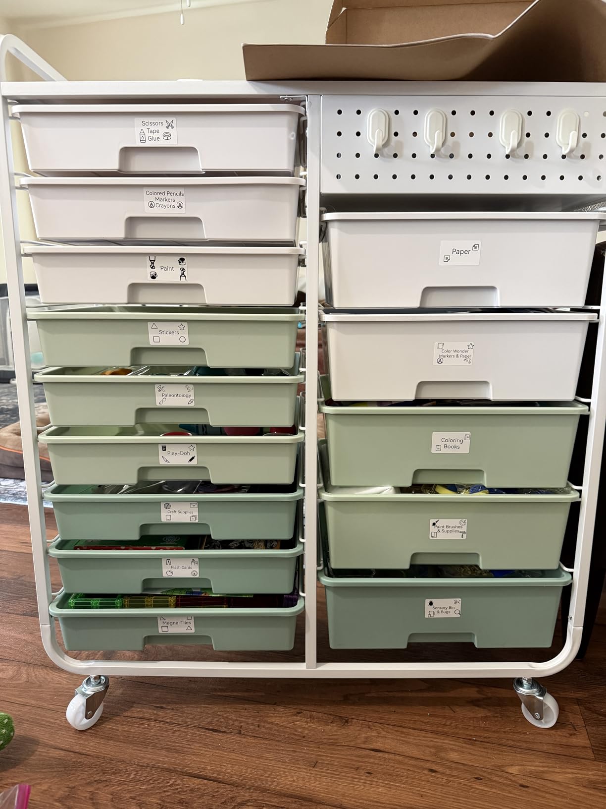 Rolling Storage Cart with 14 Drawers, Storage Organizer Cart with Tabletop and Pegboard,Utility Cart for Living Room, Classroom, Bedroom,Bathroom,Dorm,Office (Green) customer photo 2