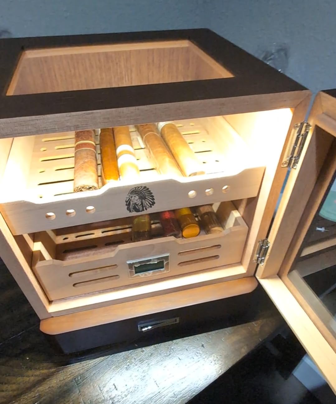 XIFEI Cigar Humidor Cabinet with Adjustable LED Lighting, 3 Cedar Wood Drawer & Digital Hygrometer, 2 Humidifiers, Cigar Tube, Glass Top Desktop Humidor for 80-100 Cigars, for Men customer photo 1