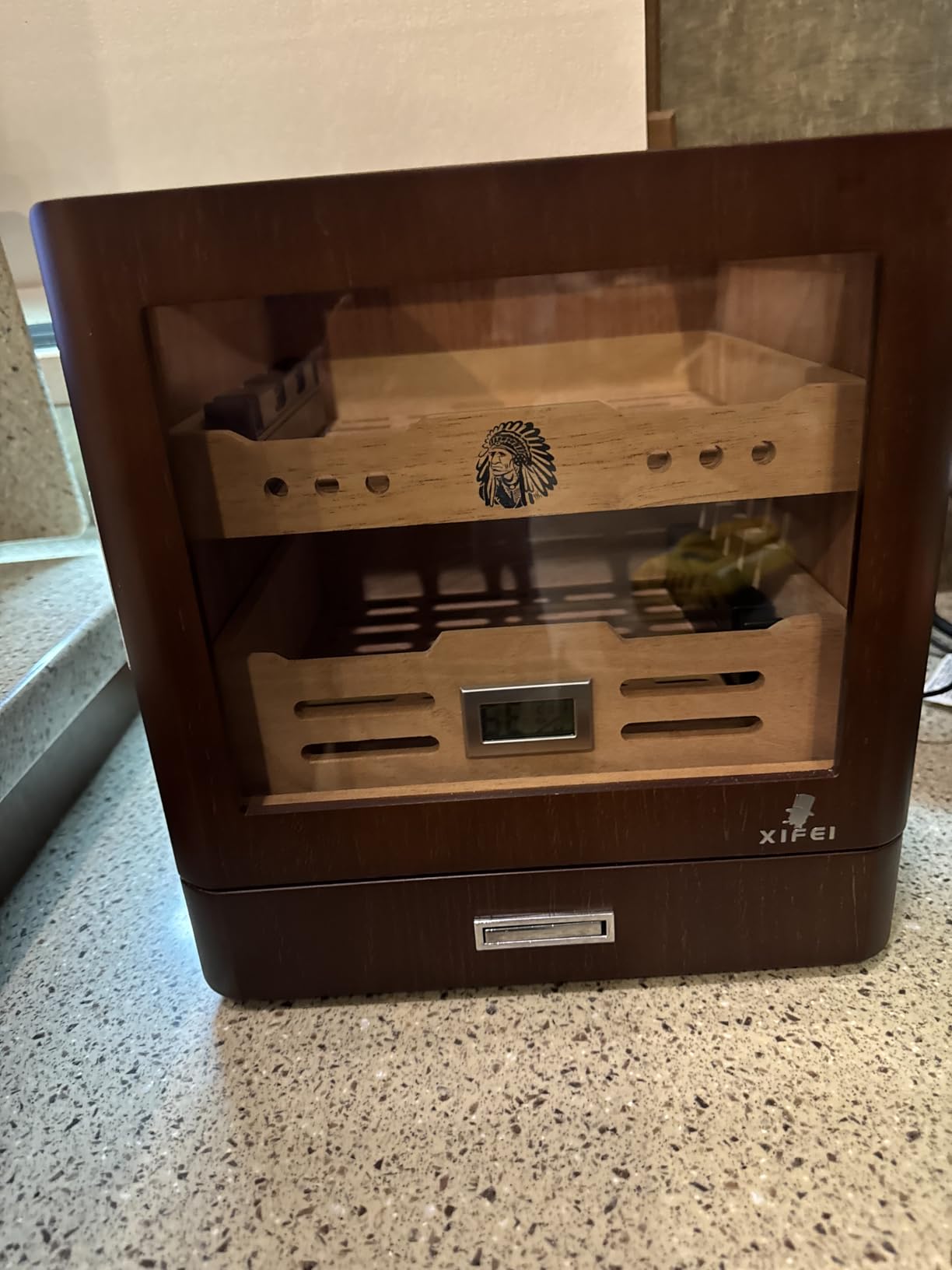 XIFEI Cigar Humidor Cabinet with Adjustable LED Lighting, 3 Cedar Wood Drawer & Digital Hygrometer, 2 Humidifiers, Cigar Tube, Glass Top Desktop Humidor for 80-100 Cigars, for Men customer photo 2
