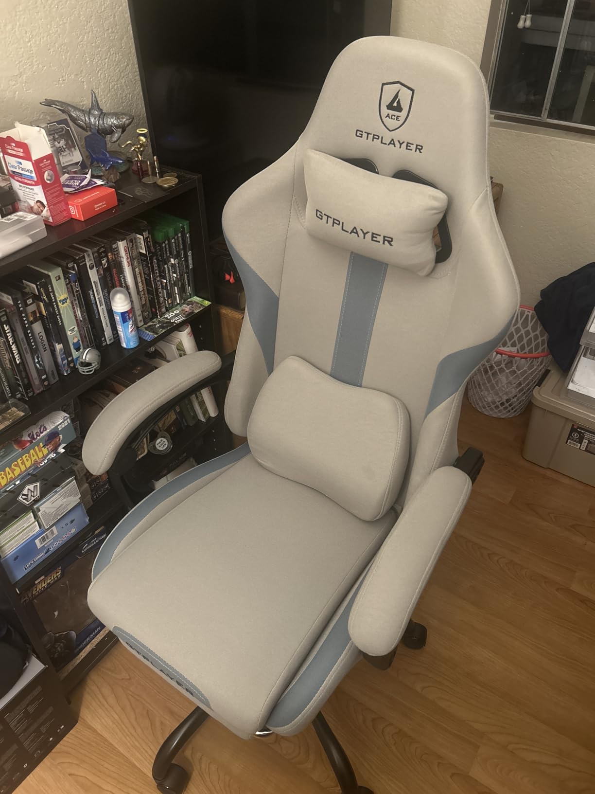 GTPLAYER Gaming Chair with Foot Rest & Pocket Spring Cushion, Ergonomic High Back Computer Desk Chair with Headrest & Lumbar Support, Breathable Fabric, Mist-Blue customer photo 1