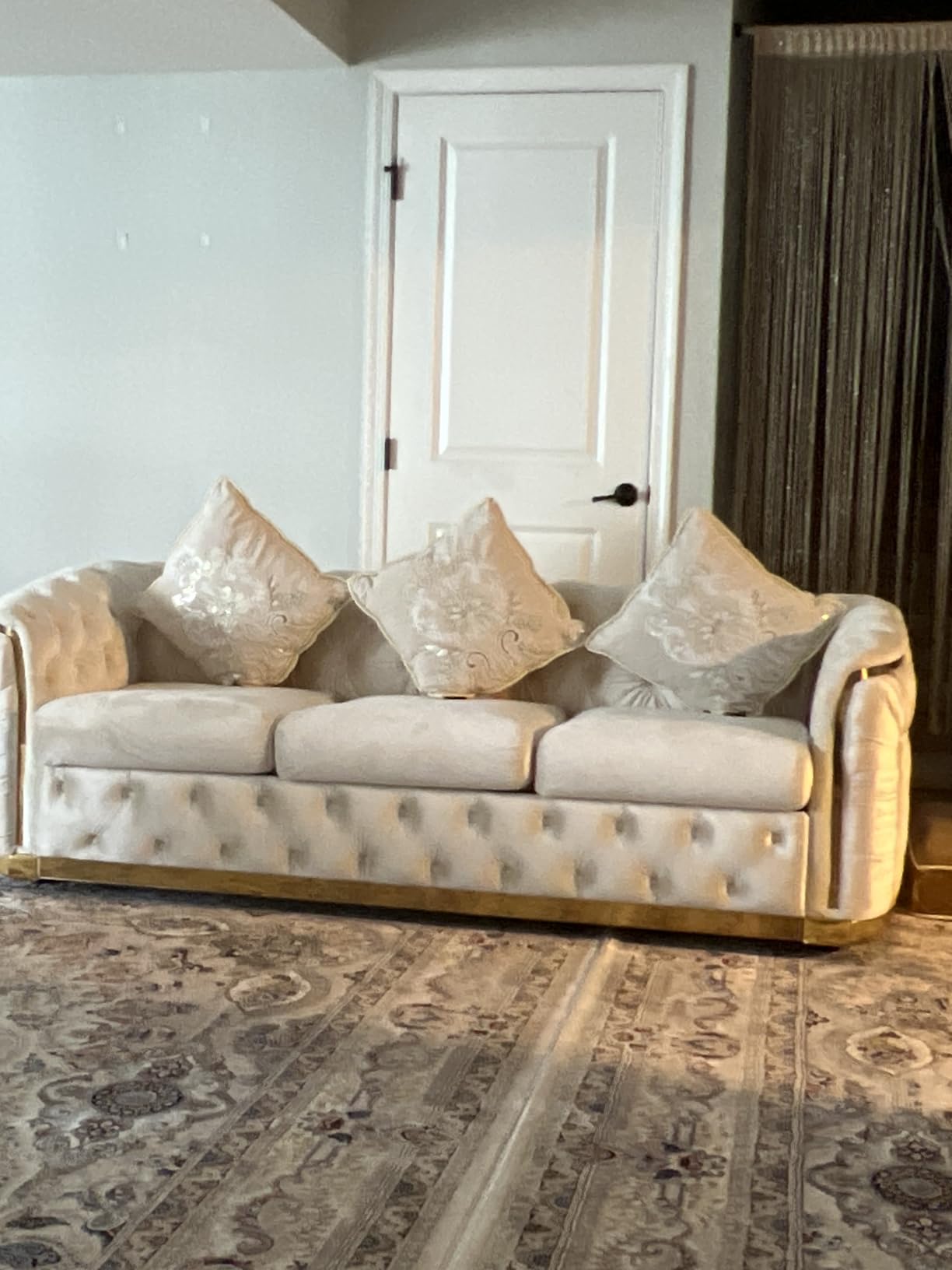 KEIKI 2-Piece Luxury Chesterfield Sofa Set with 1 Velvet 3-Seater Sofa & 1 Loveseat Sofa, 5-Seater Couch Set with 4 Pillow, Gold Stainless Decoration and Rolled Arms, for Living Room, Beige customer photo 1