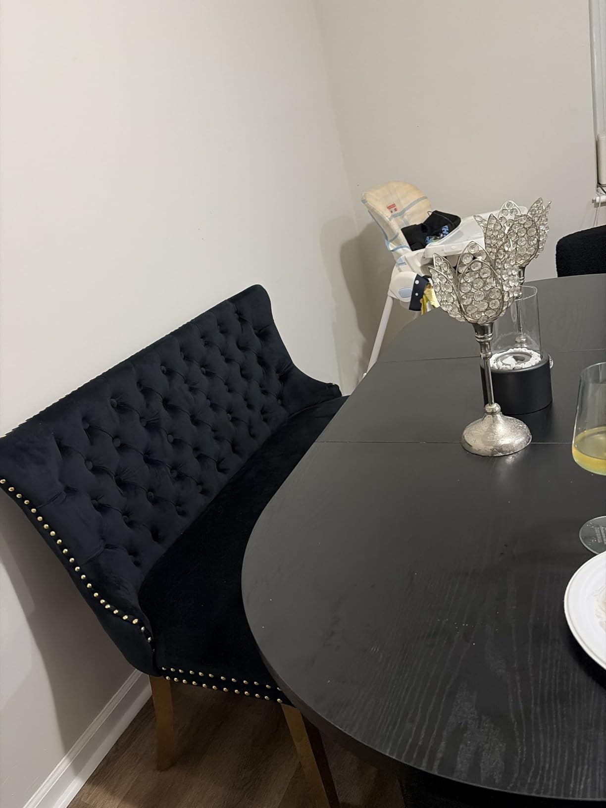 mikibama Luxury Settee Dining Bench with Back, Velvet Upholstered Banquette Benches with Nailhead Trim, Button Tufted Small Loveseat Sofa Couch Booth Seating for Small Spaces (Black Gold) customer photo 1