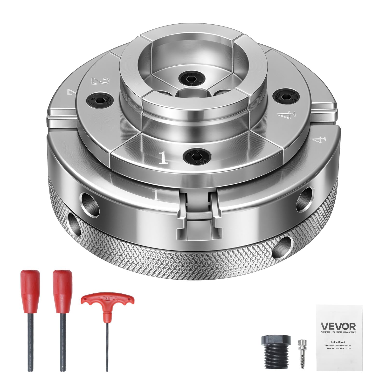 VEVOR 4 Inch Wood Lathe Chuck, 4-Jaw, Self-Centering Wood Turning Chuck Set with 1