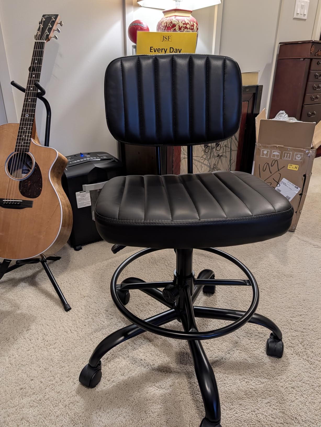 DUMOS Armless Drafting Chair, Low Back Office Seat with Adjustable Footrest Ring for Standing Desk, Ergonomic PU Leather Office Seating, Swivel Rolling High Stool for Studio, Lab, Counter, Brown customer photo 1