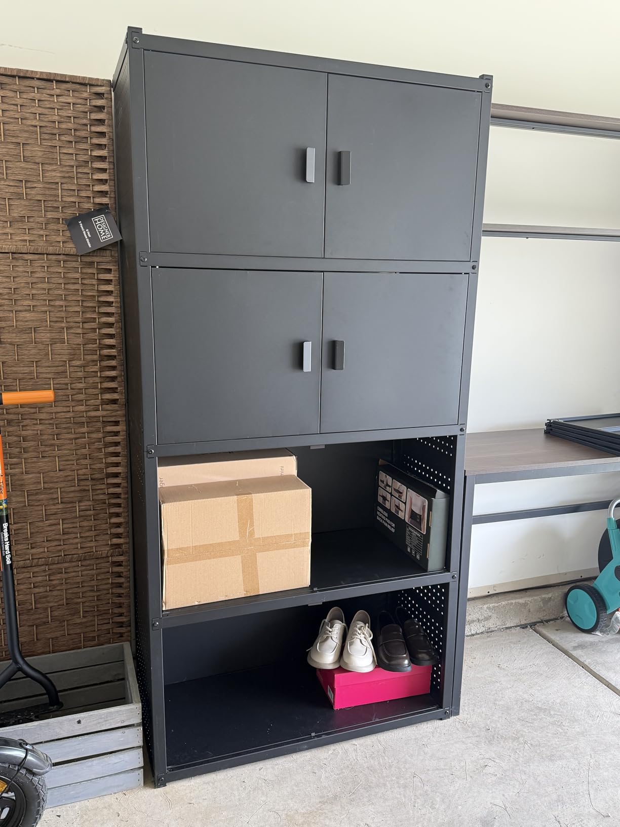 FLEXIMOUNTS Garage Storage Cabinet System, 3-in-1 Modular Metal Tool Cabinet w/Workbench and Metal Board Shelf Includes Pegboard, 24-Gauge Steel, 129