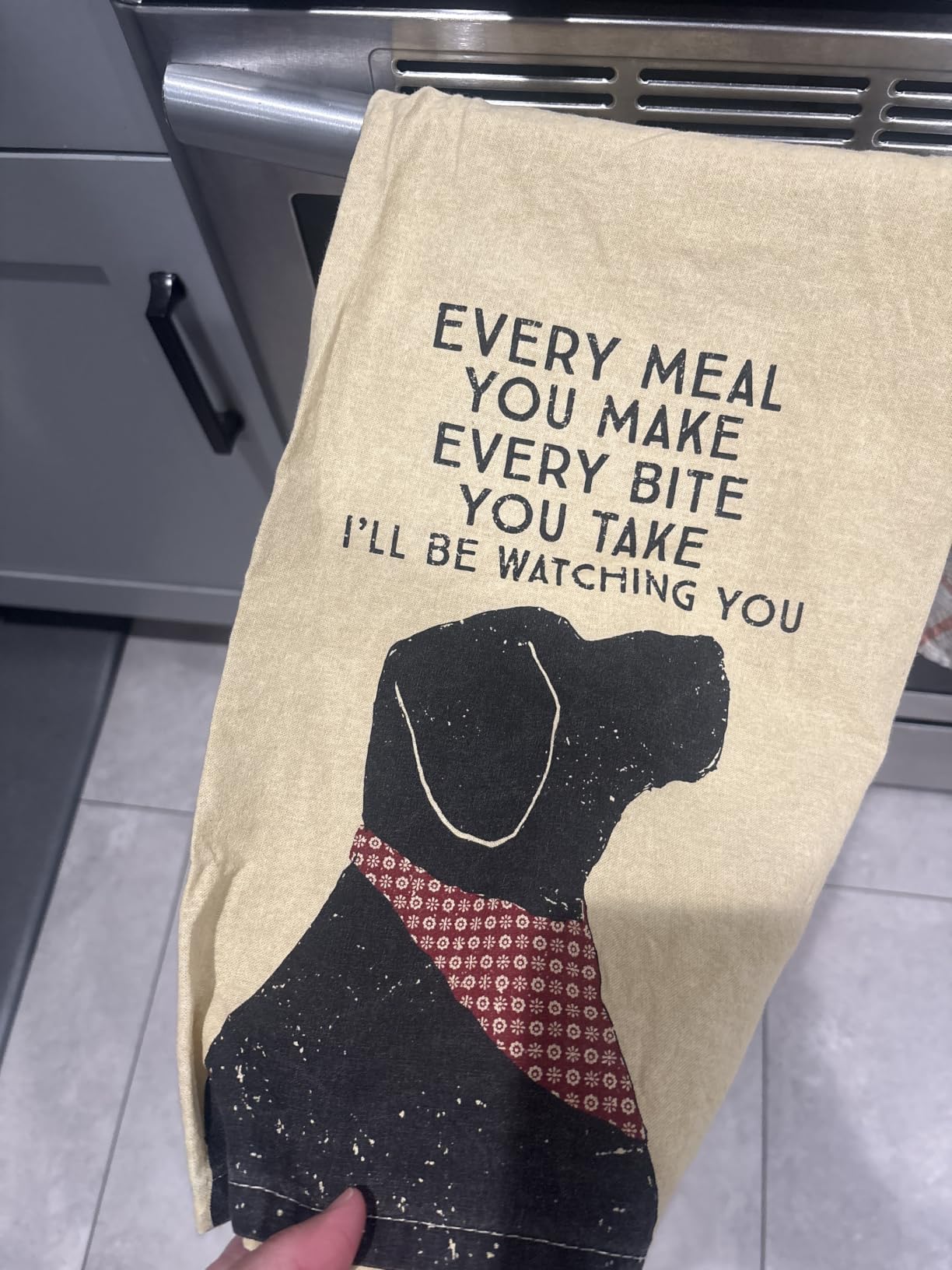 Primitives by Kathy Funny Kitchen Towel, Gifts for Dog Lovers, Bandana Dog Every Meal You Make I'll Be Watching You, Machine Washable, 28 by 28 Inches, Rustic Pet Kitchen Decor, Tan Cotton customer photo 1