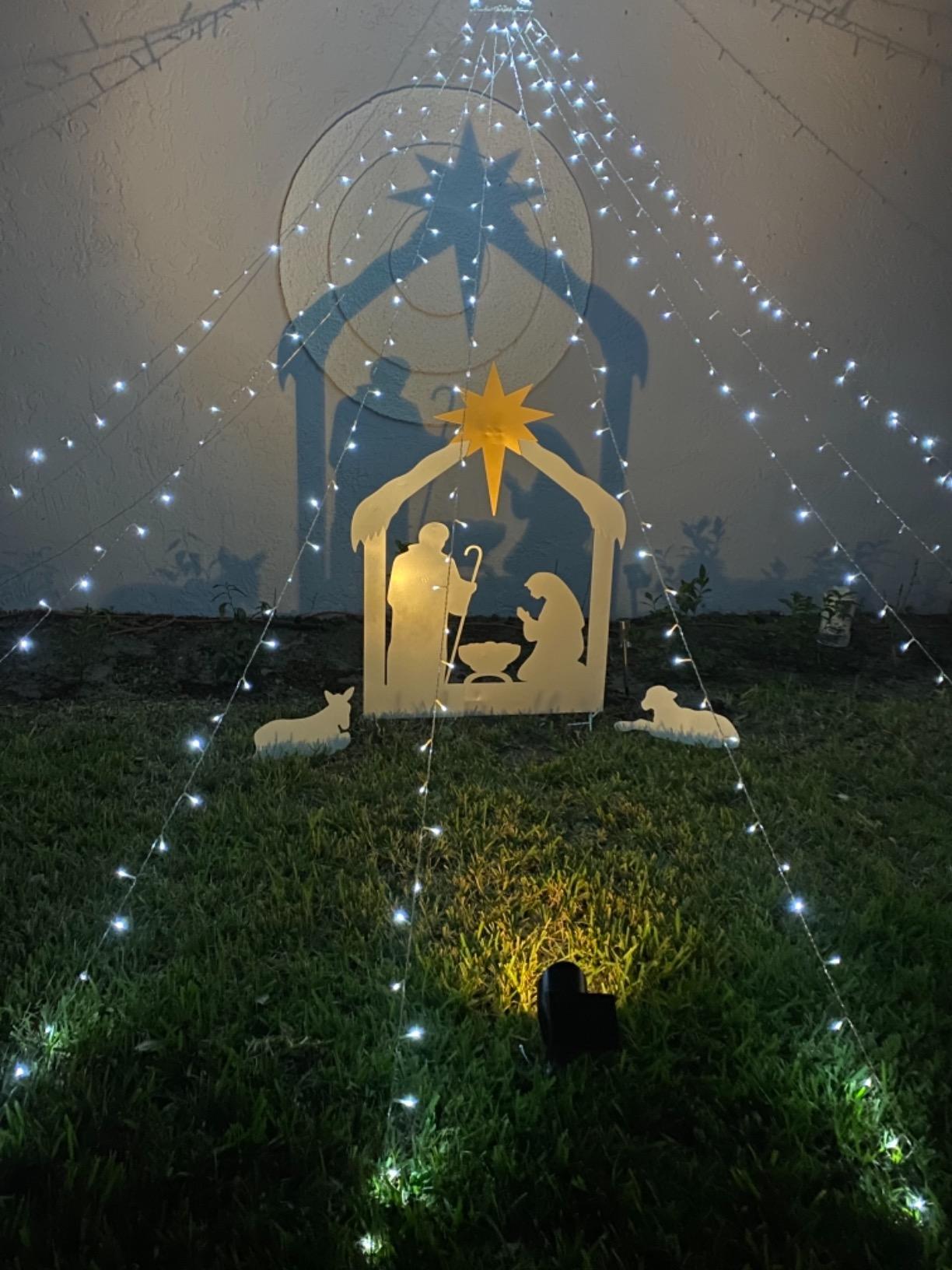Nativity Set for Christmas Outdoor White Laser Cut Metal | Scene with 3 Pieces | Mary Joseph Jesus Manger and Barn Animals | 30-Inches Tall x 50-Inches Wide | Religious Garden Decoration customer photo 2