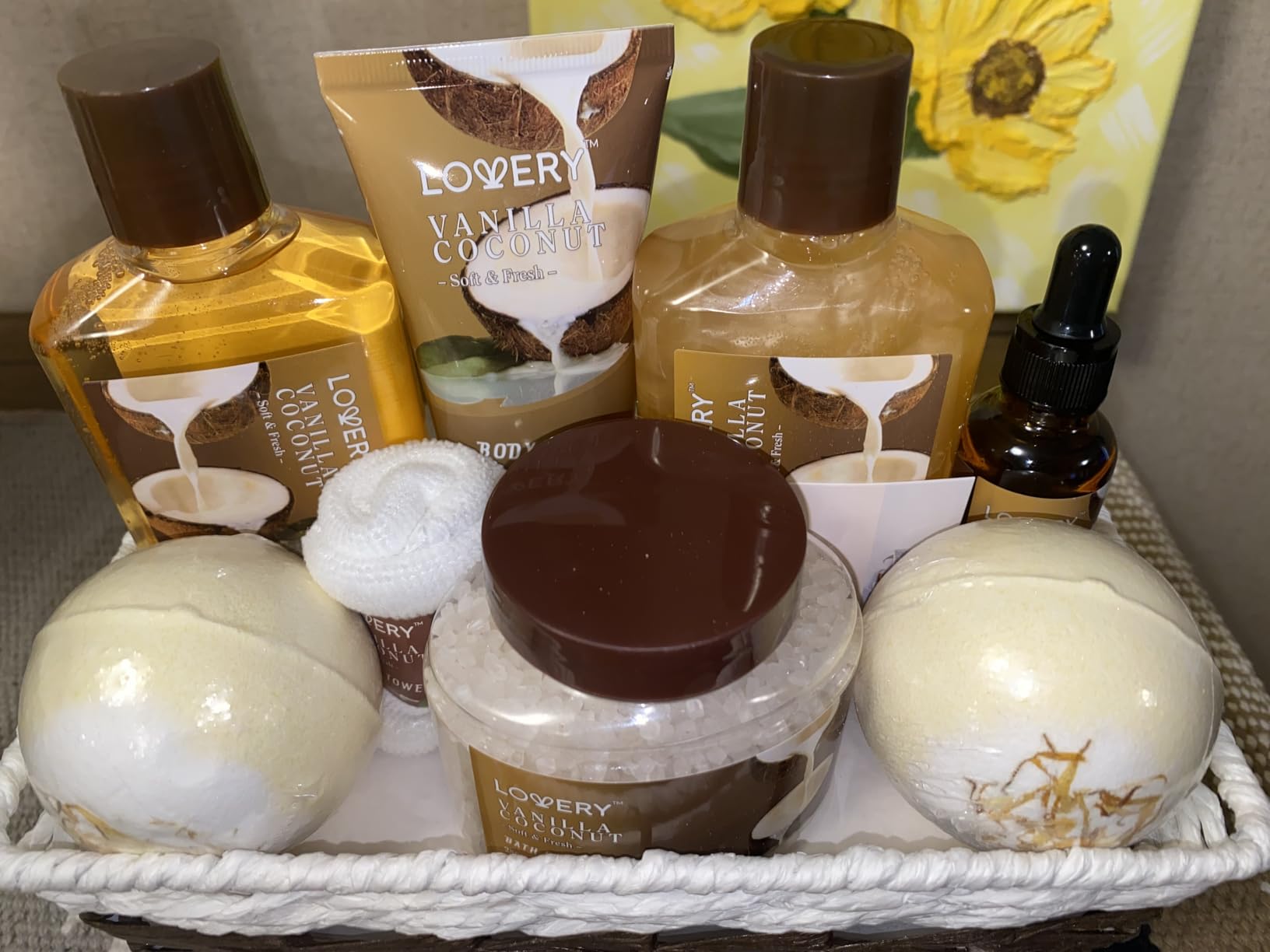 Gifts For Women Gift Basket for Women - 9 Piece Set of Vanilla Coconut Home Spa Set, Luxurious Gifts for Her, Bath and Body Sets Includes Fragrant Lotions, Large Bath Bombs, Coconut Oil customer photo 1
