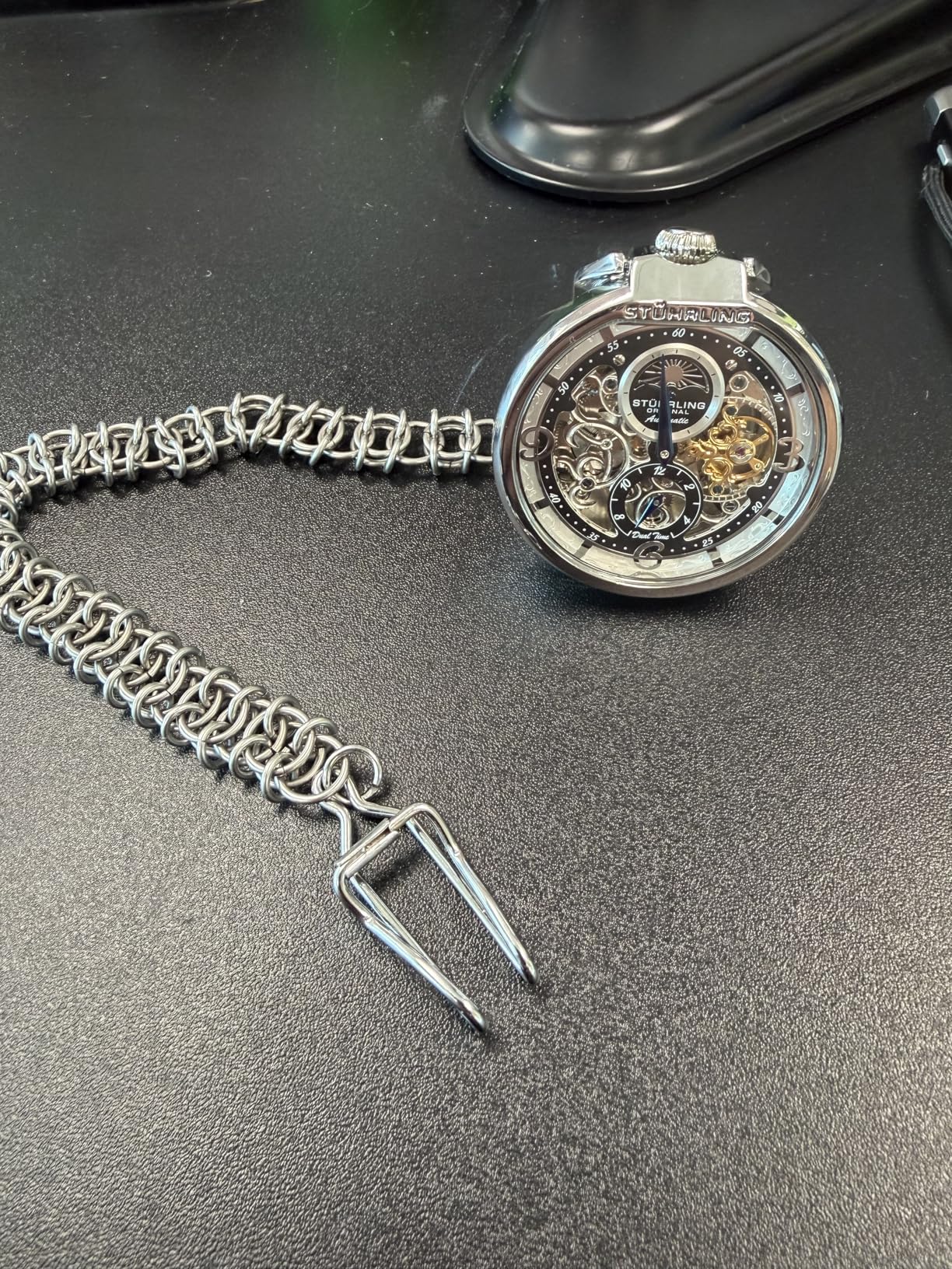 Stuhrling Original Mens Automatic Pocket Watch Skeleton Dial, Pocket Watch with Chain Gift for Men, Collectible Timepiece, Sun Moon Subdial, Vintage Style, No Battery Pocket Watch for Men customer photo 1