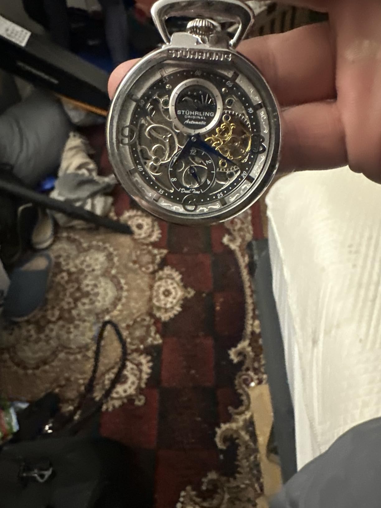Stuhrling Original Mens Automatic Pocket Watch Skeleton Dial, Pocket Watch with Chain Gift for Men, Collectible Timepiece, Sun Moon Subdial, Vintage Style, No Battery Pocket Watch for Men customer photo 2