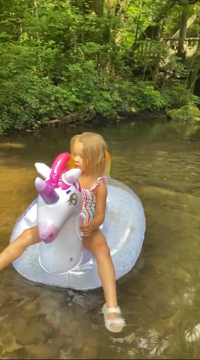 JOYIN Unicorn Pool Float Kids - Inflatable Rainbow Unicorn Floaty with Glitters Fun Floats, Ride On Beach Lake Floaties Raft Lounge, Party in Summer Decorations Pool Toys for Kids customer photo 1