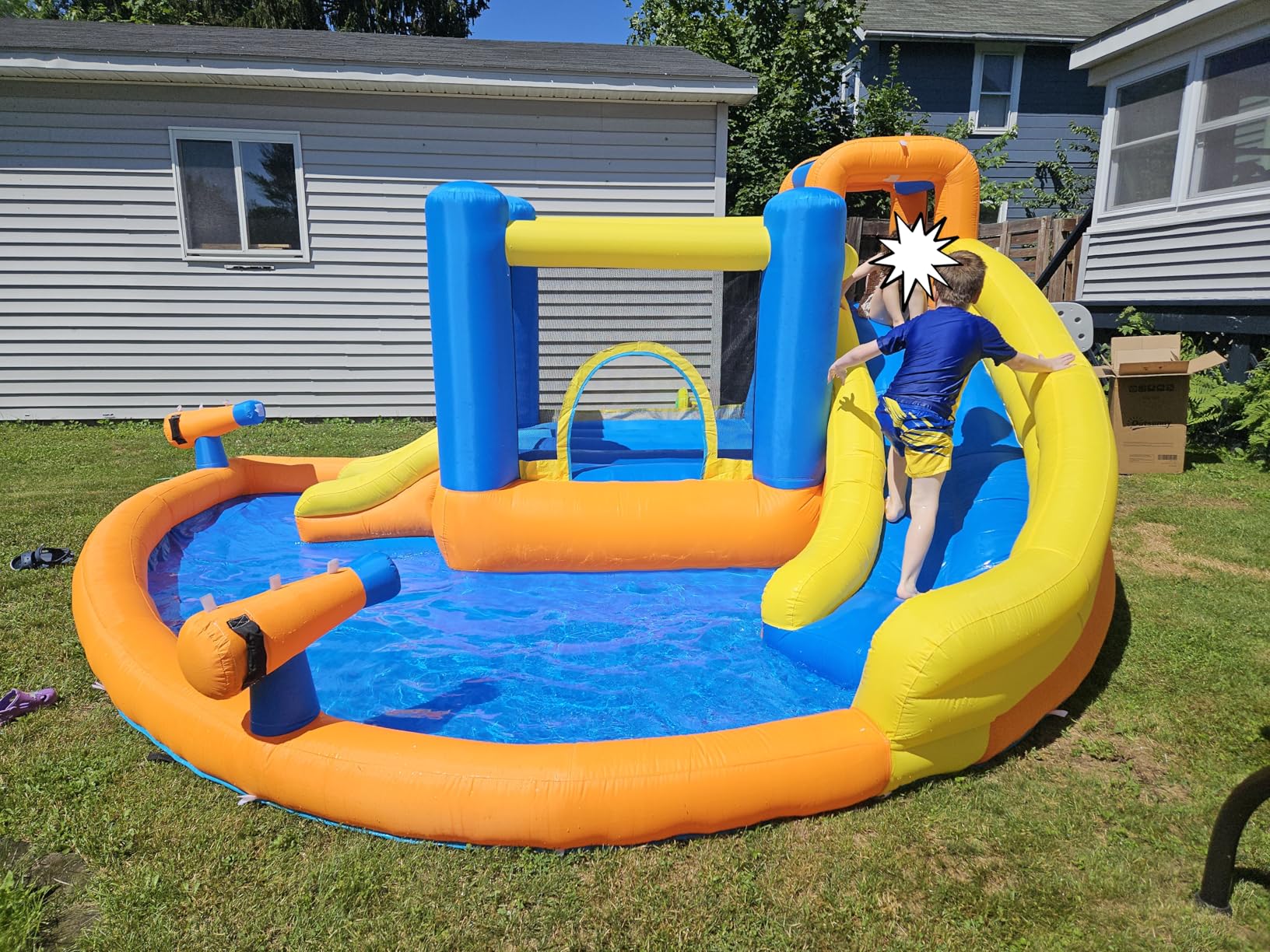 Outsunny Inflatable Water Slide, Kids Bounce House Water Park with Pool, Climbing Wall, Water Cannon, Dual Slides, Trampoline, 5-in-1 Bouncy Castle with Air Blower for Outdoor Indoor Backyard Fun customer photo 2