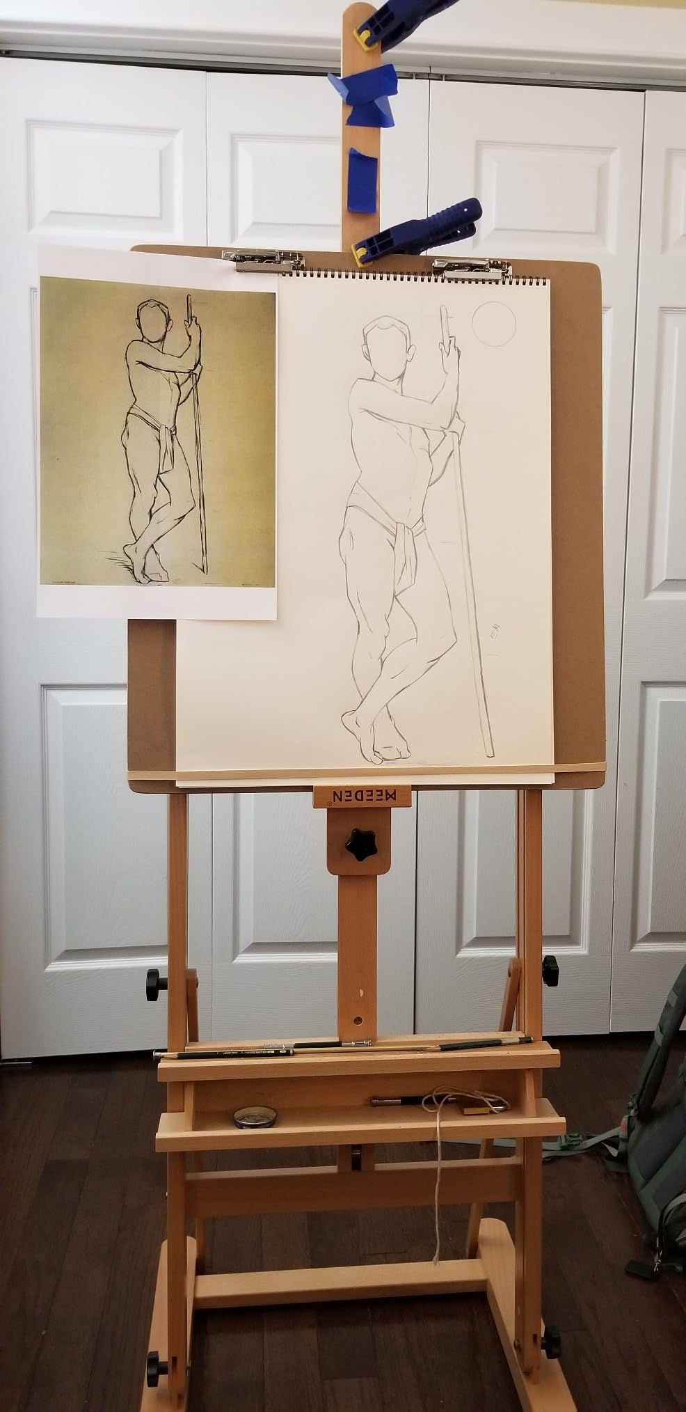 MEEDEN Studio H-Frame Easel with Storage Tray, Solid Beech Wood Artist Painting Easel, Best Wooden Floor Easel, Holds Canvas Art up to 48
