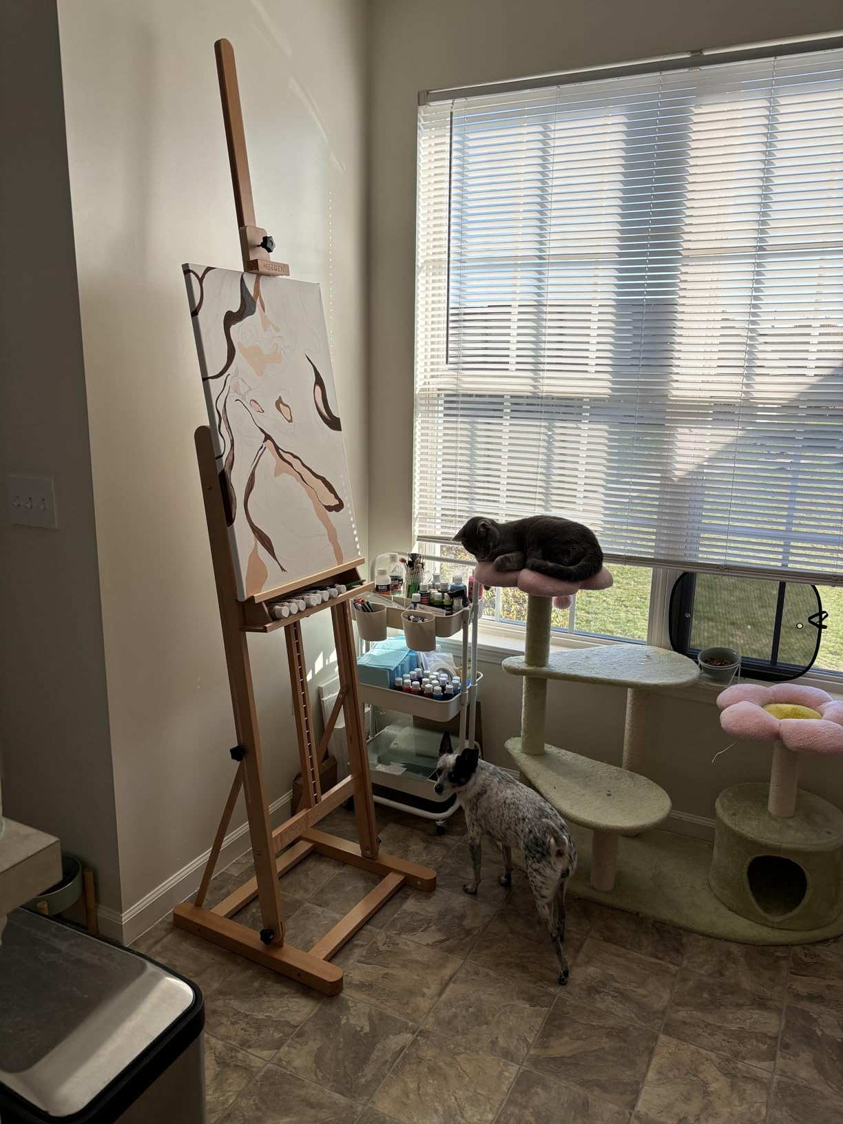 MEEDEN Studio H-Frame Easel with Storage Tray, Solid Beech Wood Artist Painting Easel, Best Wooden Floor Easel, Holds Canvas Art up to 48
