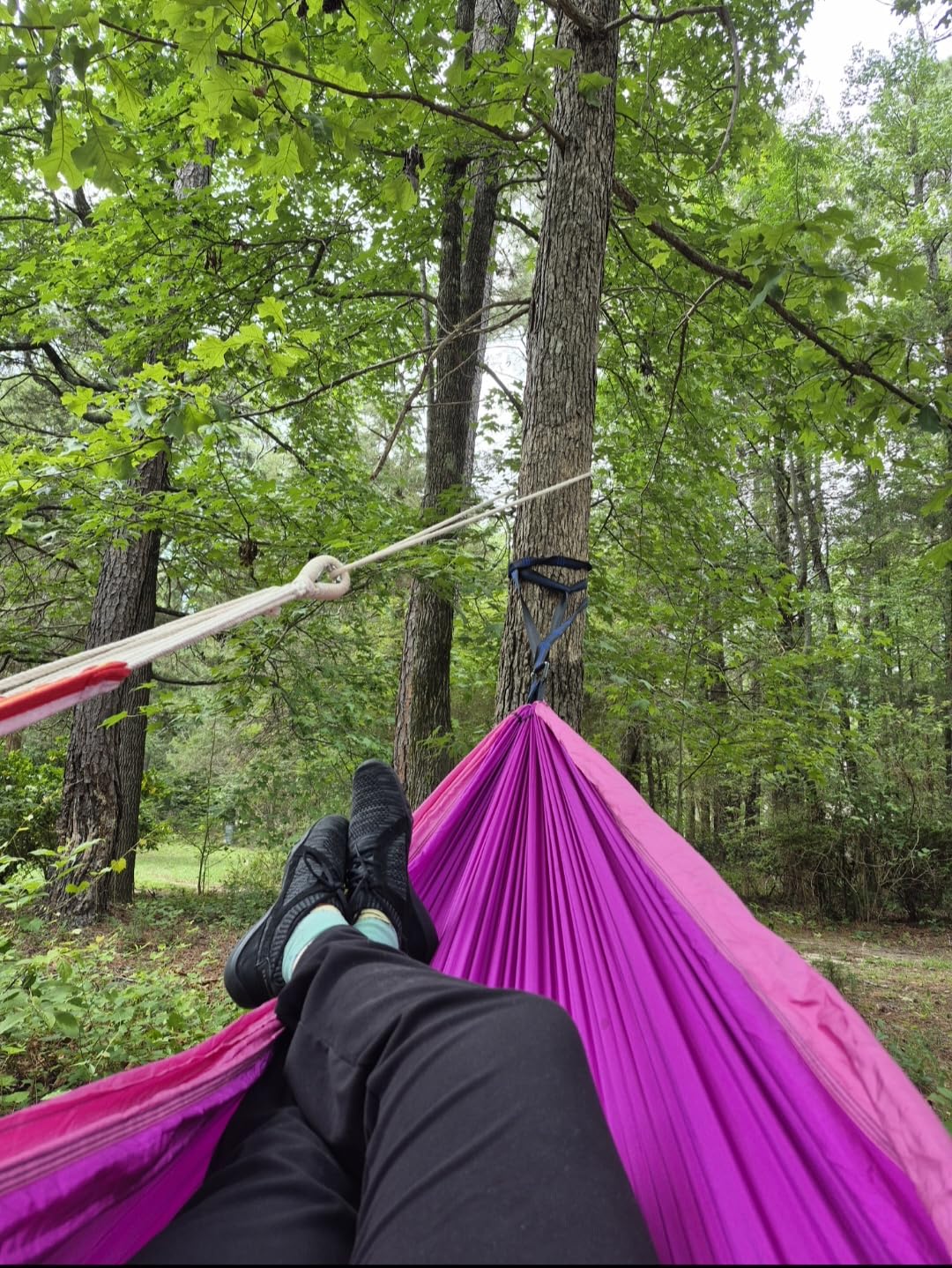 SZHLUX Camping Hammock Double & Single Portable Hammocks with 2 Tree Straps and Attached Carry Bag, Great for Outdoor, Indoor, Beach, Camping, Light Grey / Sky Blue customer photo 2