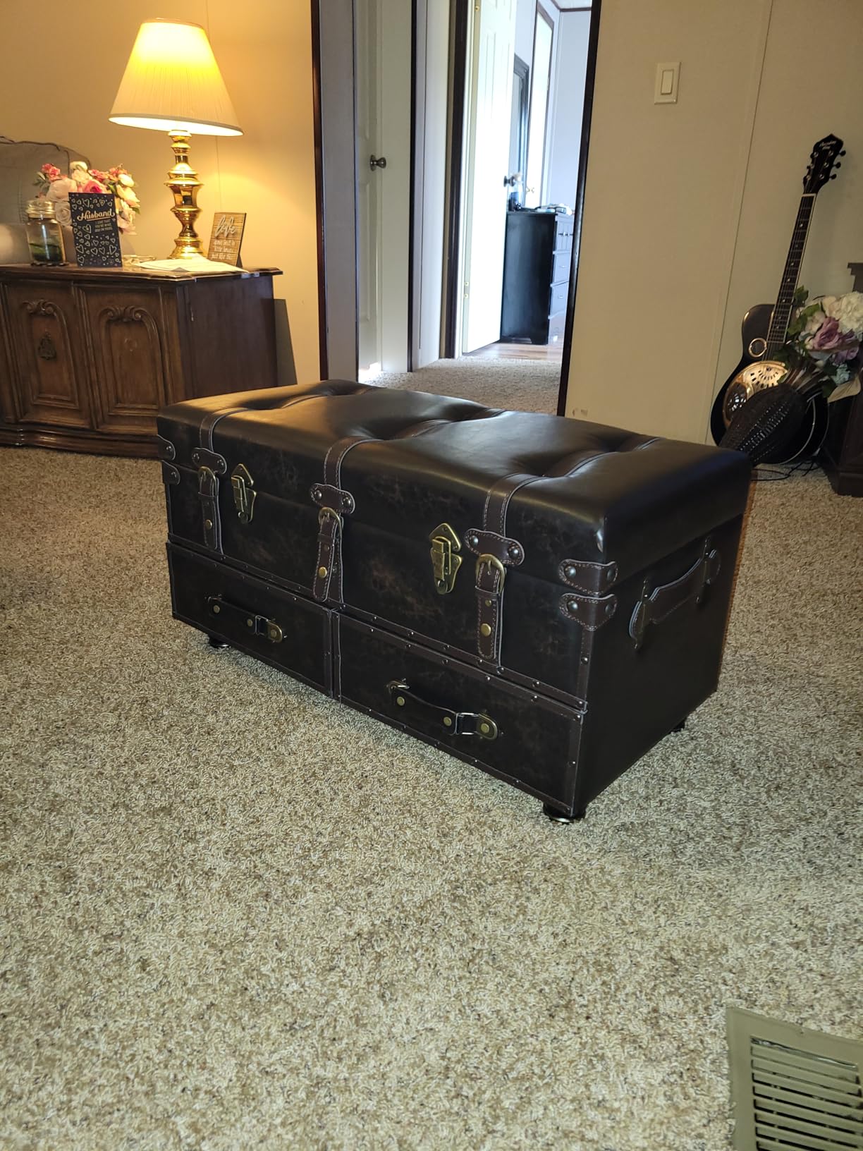 Vintage Storage Bench Upholstered Mid-Century Faux Leather Storage Ottoman Bed Bench Storage Chest for Hallway, Entryway, Bedroom, Dark Brown customer photo 1