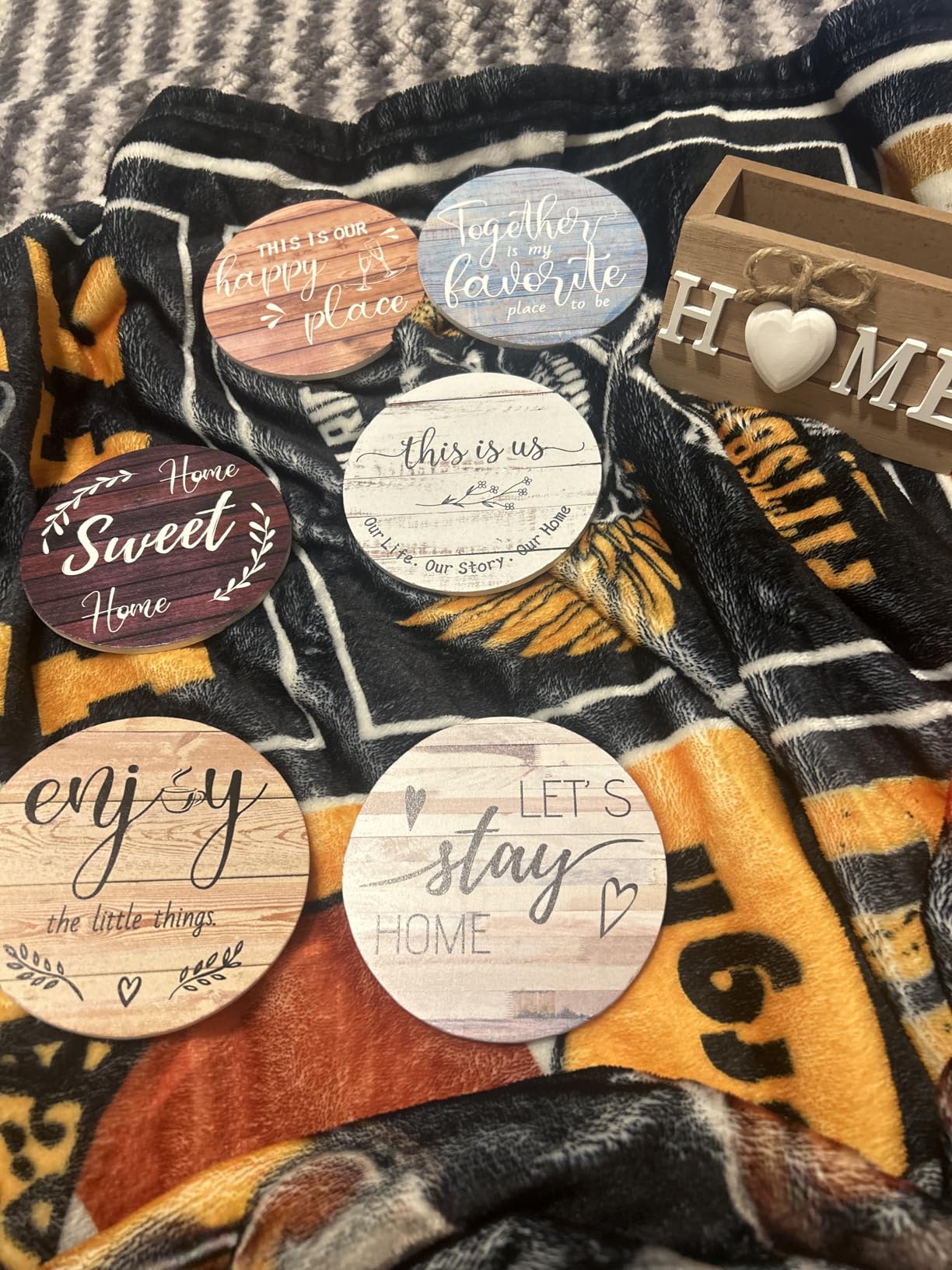 Queekay Coasters Set of 6 House Warming Gifts New Home Wooden Farmhouse Drink Coasters with Holder 4'' Funny Decoration for Kitchen Family Coffee Bar Tabletop Protection(Farmhouse Color) customer photo 1