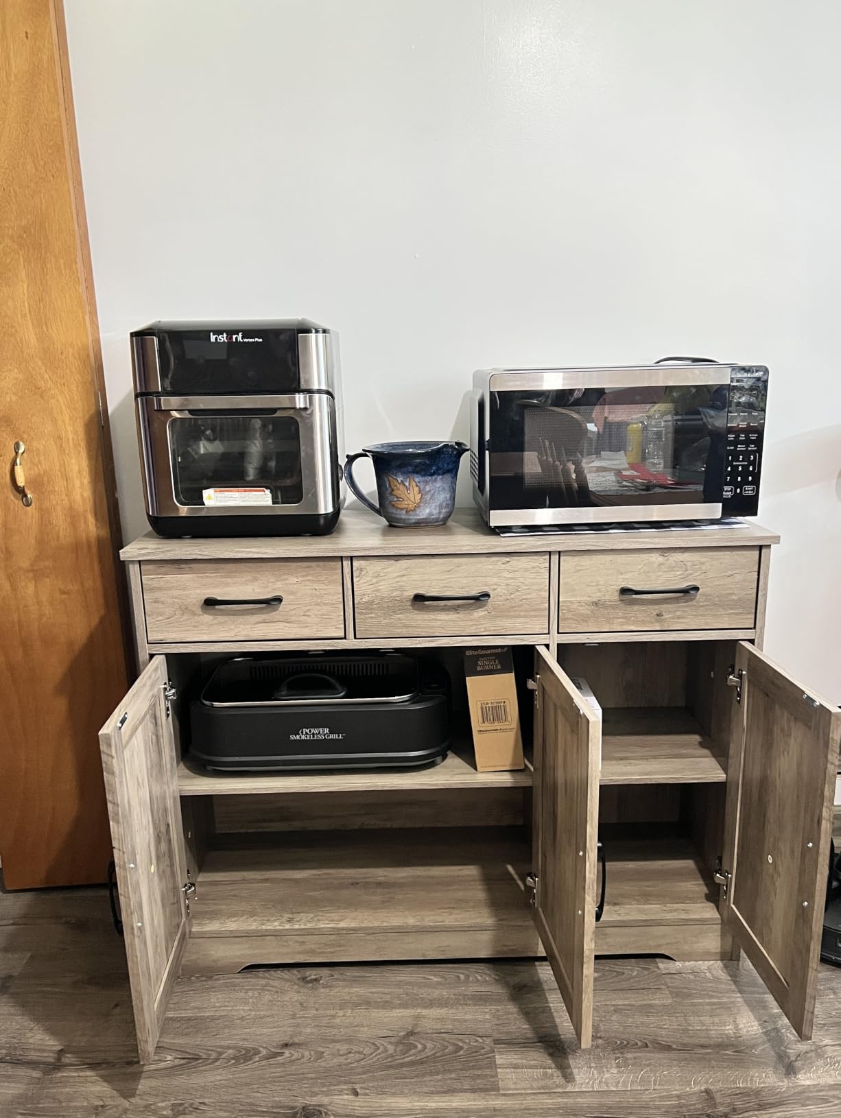 HOSTACK Modern Farmhouse Sideboard Buffet Cabinet, Barn Doors Buffet Storage Cabinet with Drawers and Shelves, Wood Coffee Bar with Storage for Kitchen, Dining Room, Living Room, White customer photo 1