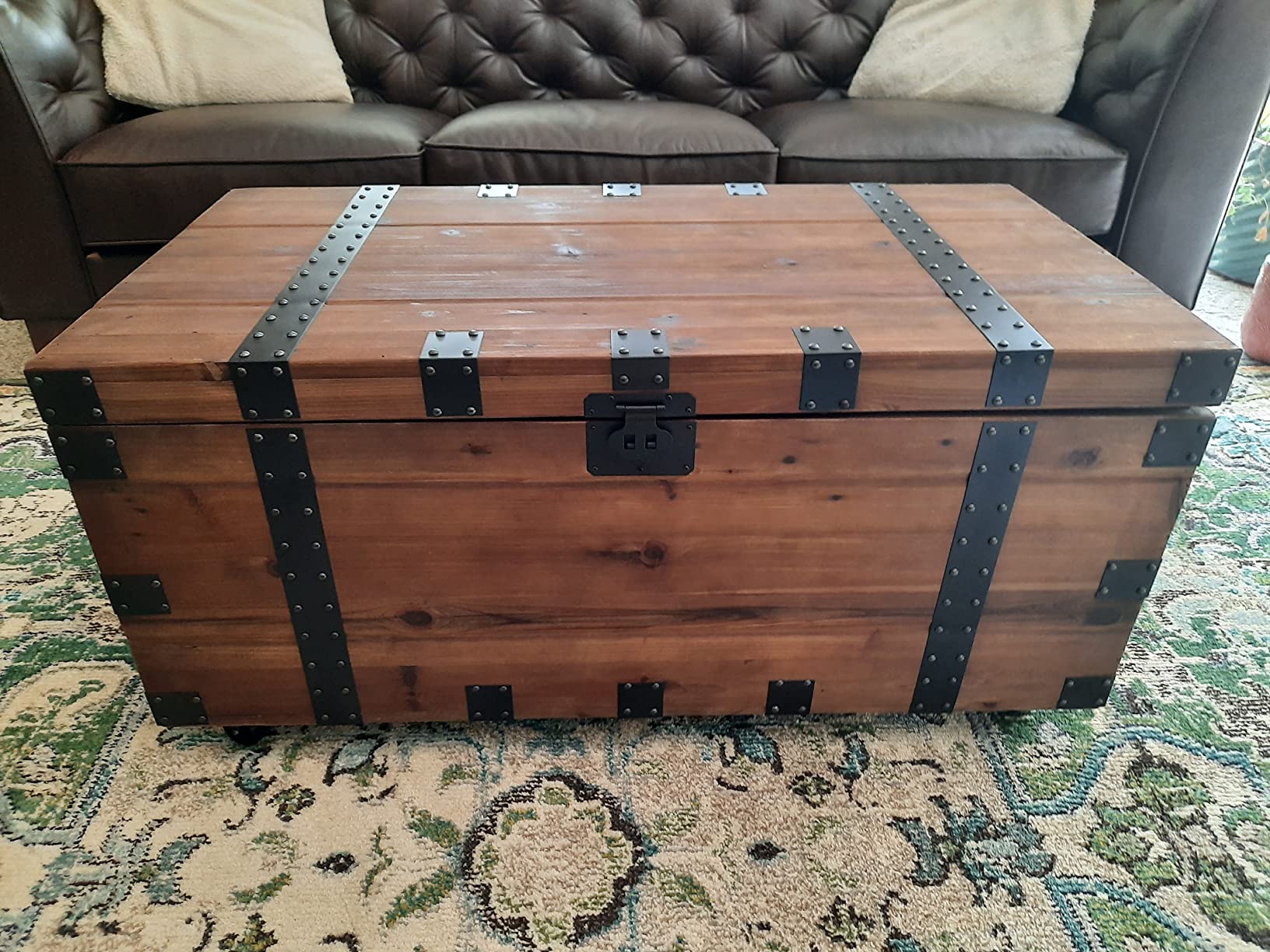 NewCosmos Vintage Reclaimed Fir Wood Storage Trunk - Rustic Charm with Black Metal Accents - No Assembly Required, Optional Wheels Included customer photo 1