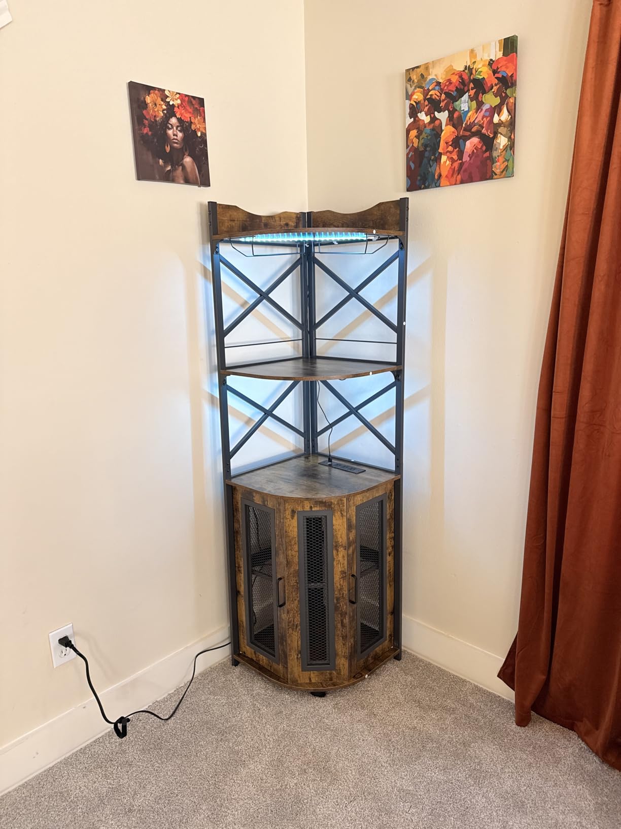 Aheaplus Corner Bar Cabinet with Power Outlet, Industrial Wine Cabinet with LED Strip and Glass Holder, 5-Tiers Liquor Cabinet Bar Unit for Home, Corner Display Cabinet for Small Space, Grey Oak customer photo 1
