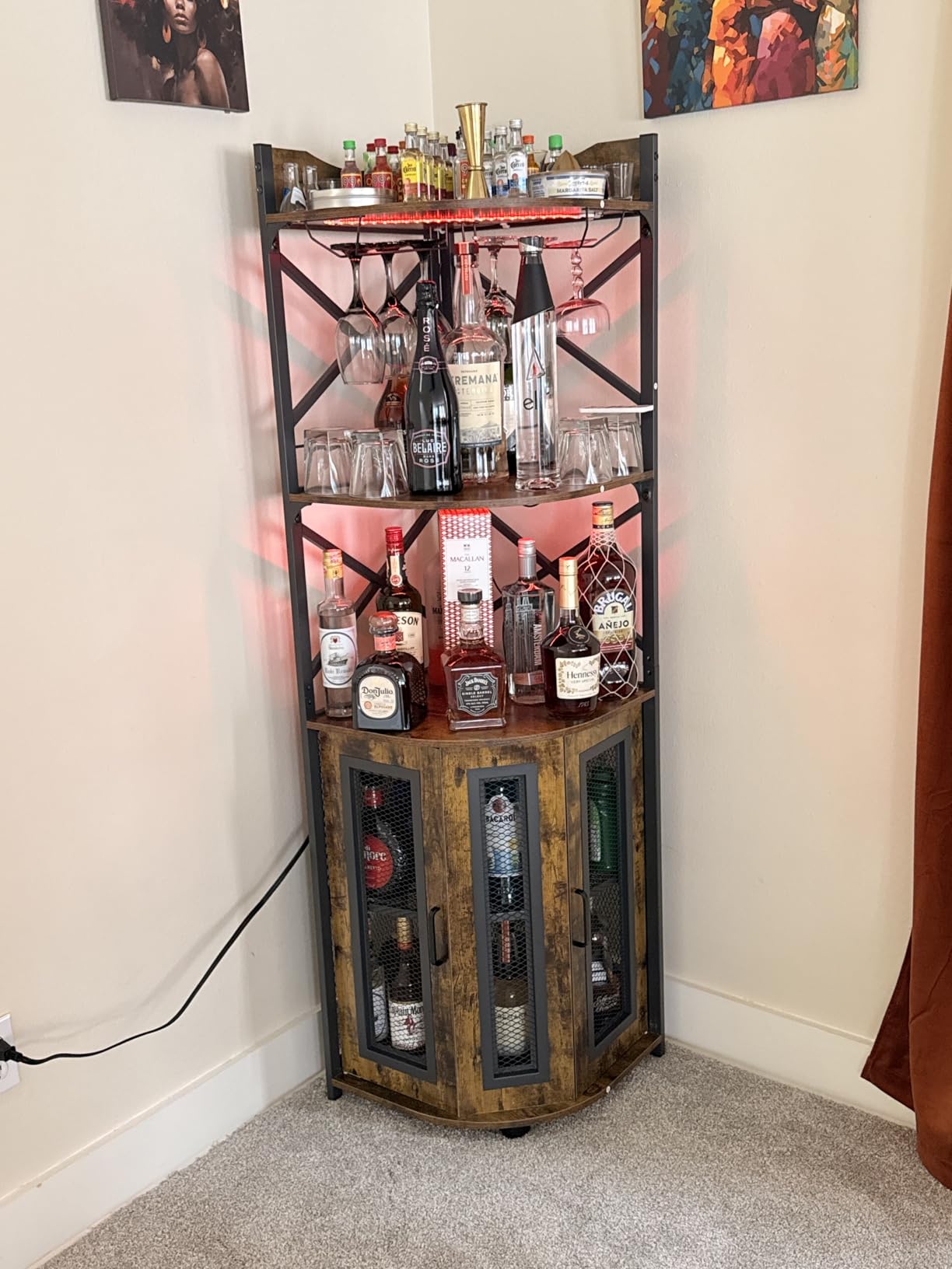 Aheaplus Corner Bar Cabinet with Power Outlet, Industrial Wine Cabinet with LED Strip and Glass Holder, 5-Tiers Liquor Cabinet Bar Unit for Home, Corner Display Cabinet for Small Space, Grey Oak customer photo 2