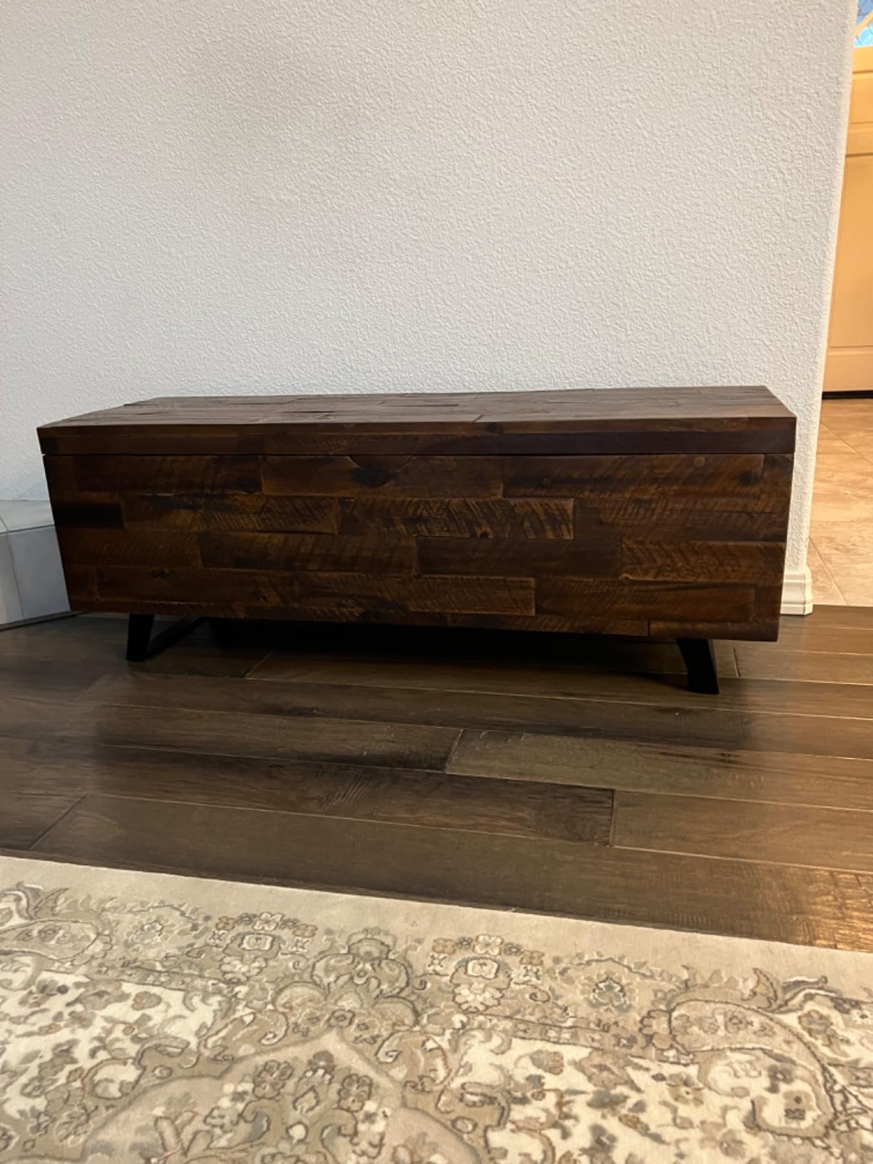 MAKLAINE Broadmore Rectangular Acacia Wood Storage Trunk, 46 in Top, Brown Finish, Black Metal Legs, Hinged Lid, Versatile Coffee Table or Entryway Storage for Living Room or Bedroom customer photo 1