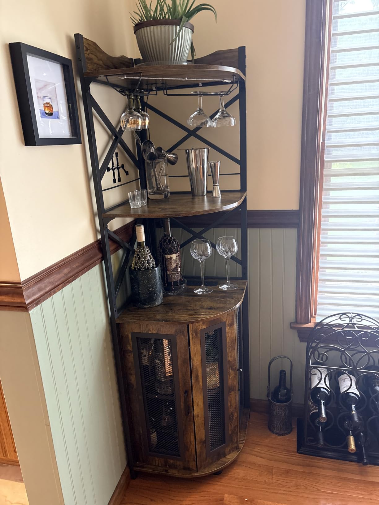 Aheaplus Corner Bar Cabinet with Power Outlet, Industrial Liquor Cabinet | 5-Tiers Wine Cabinet Mini Bar Unit with LED Strip and Glass Holder for Home, Corner Display Cabinet for Small Space, Black customer photo 2