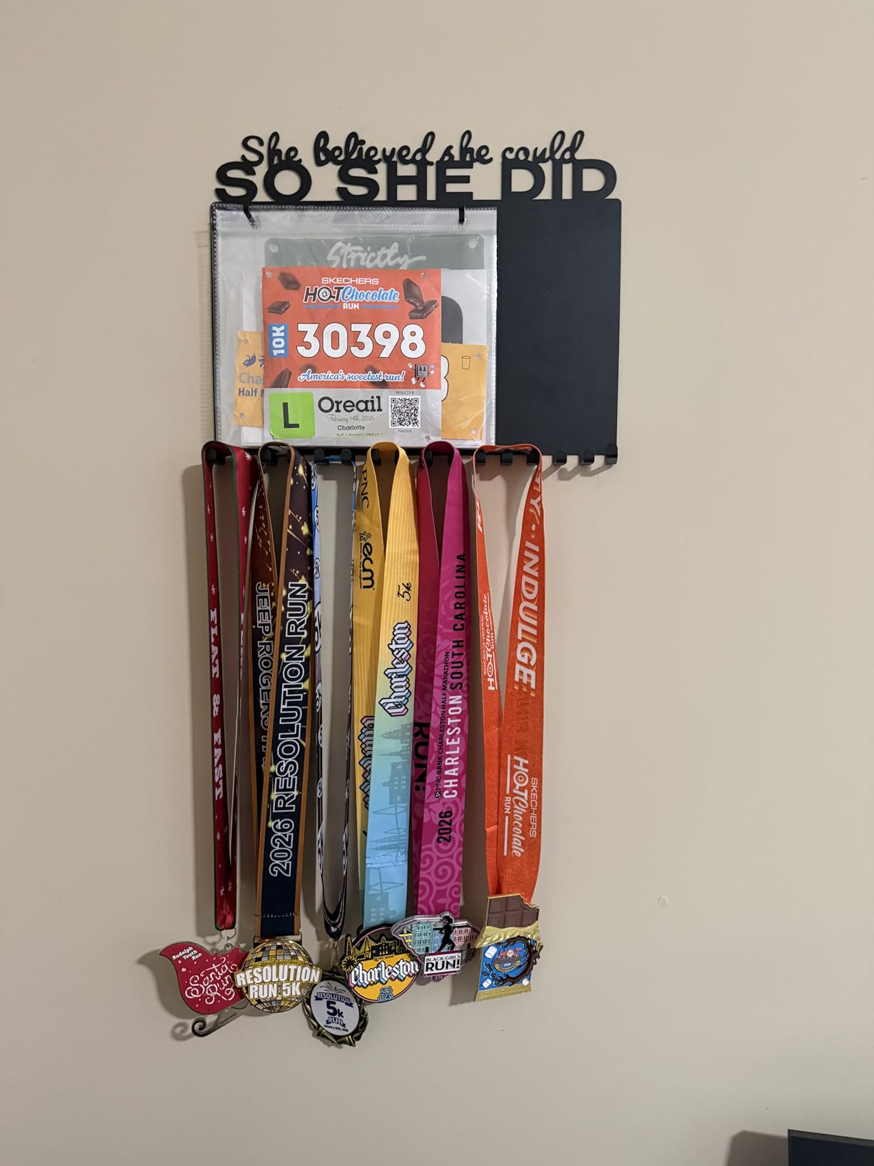 She Believed She Could SO SHE DID Race Medal Holder Wall Hanger, Marathon Medal Display and Runner Medal Hanger Display, Bib Running Medal Display, Running Medal Hanger Display, Medal Holder for Wall customer photo 2