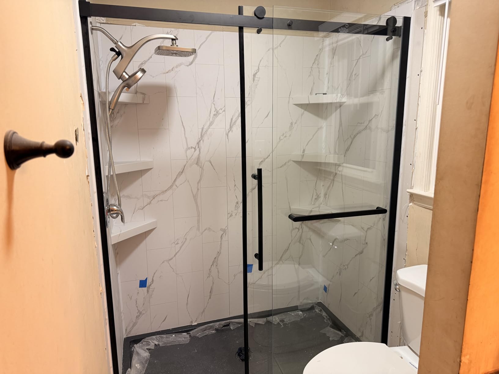 Palisade Vinyl Shower Surround Kit 78in x 60in x 36in, Urban Glacier | Waterproof PVC wall panels, grout-free design, bathroom renovation, coordinating trim, shelves, adhesive and sealant included customer photo 2