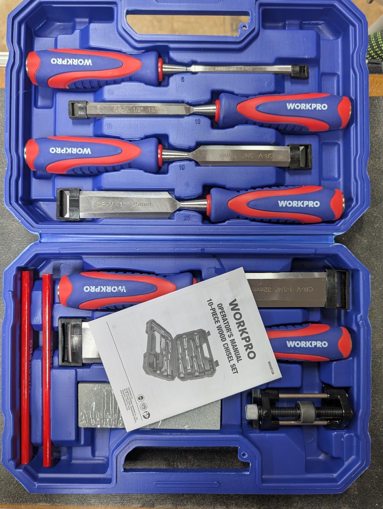 WORKPRO 10-Piece Wood Chisel Set for Woodworking, Cr-V Bevel Edge Chisels (1/4