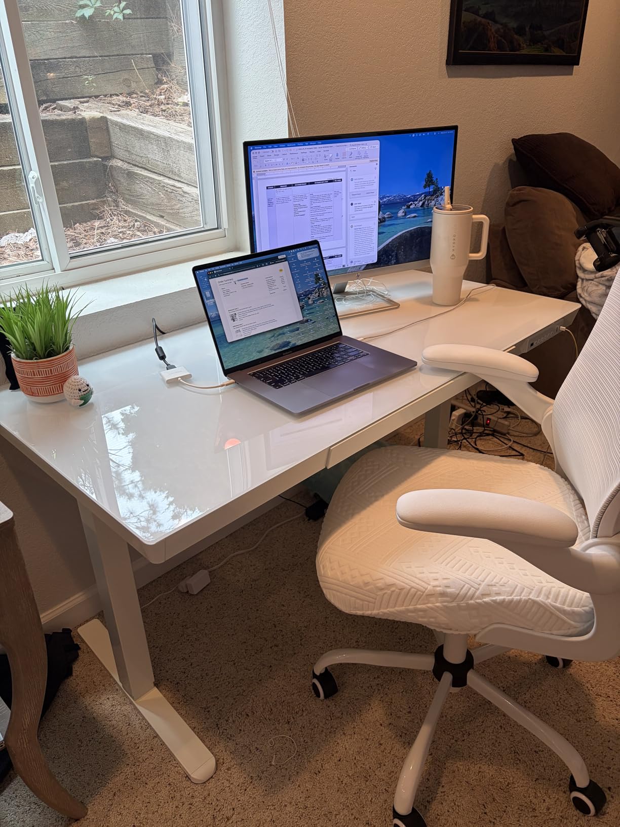 Marsail Glass Standing Desk with Drawer, 48 x 24 inch Electric Standing Desk, Height Adjustable Desk with One-Piece Tabletop & USB Charging Ports, Sit Stand Desk with Storage for Home & Office White customer photo 1