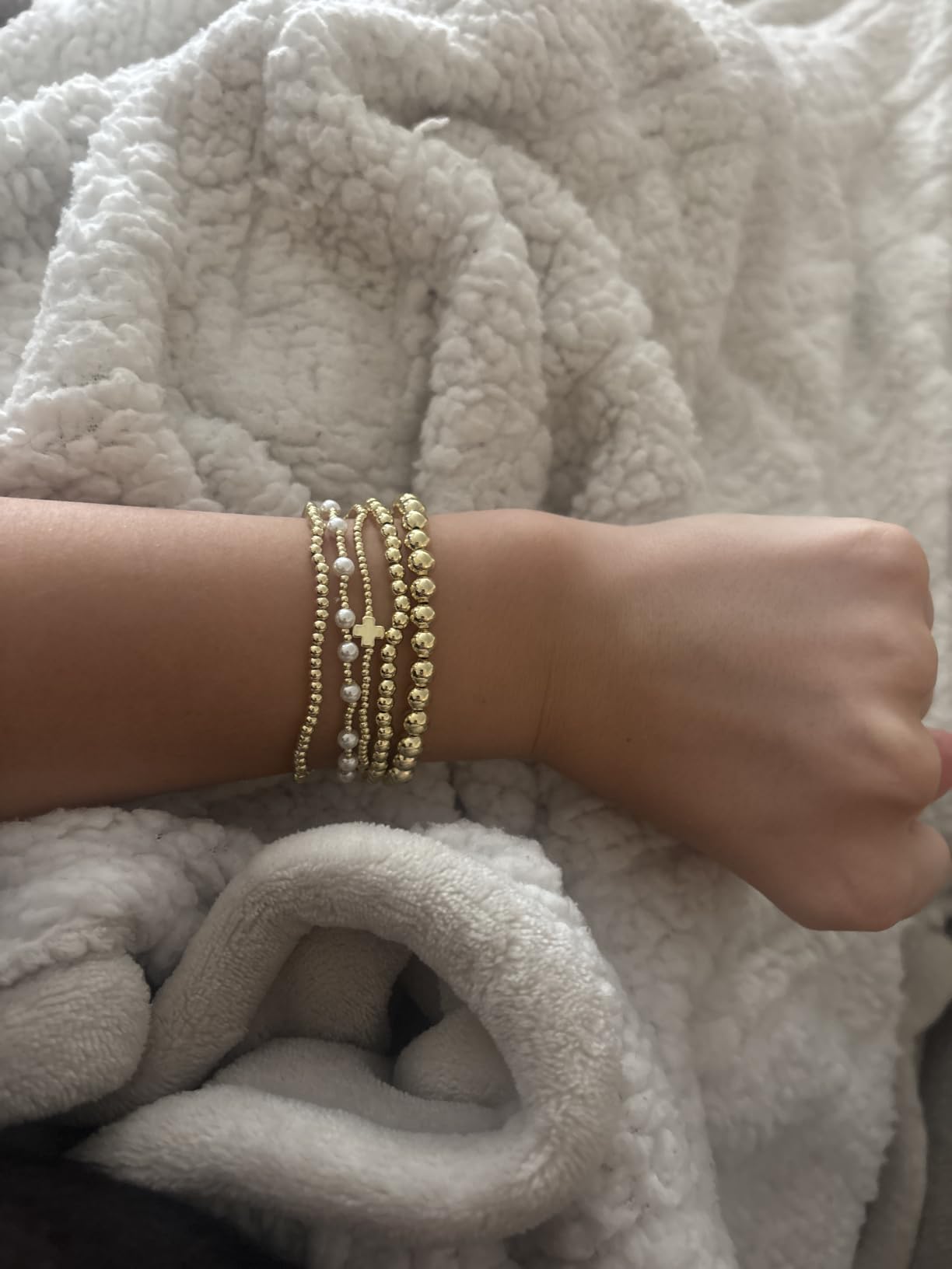 Yoosteel Gold Beaded Bracelets Set for Women Teen Girl Gifts Non Tarnish - 14K Gold Plated Dainty Round Beaded Pearl Cross Bracelet Stack for Women Teenage Girls Stackable Jewelry Gifts customer photo 1