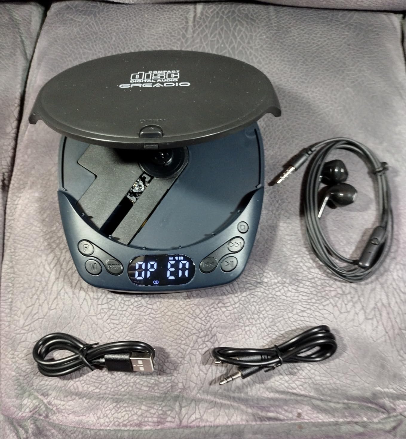 Greadio Portable CD Player with Headphones, Rechargeable CD Player for Home | Car CD Players with 60s Anti-Skip, Supports CD/MP3/WMA/TF Card/AUX Output, Backlit / Lock / Programmable / Timer (Blue-Black) customer photo 2