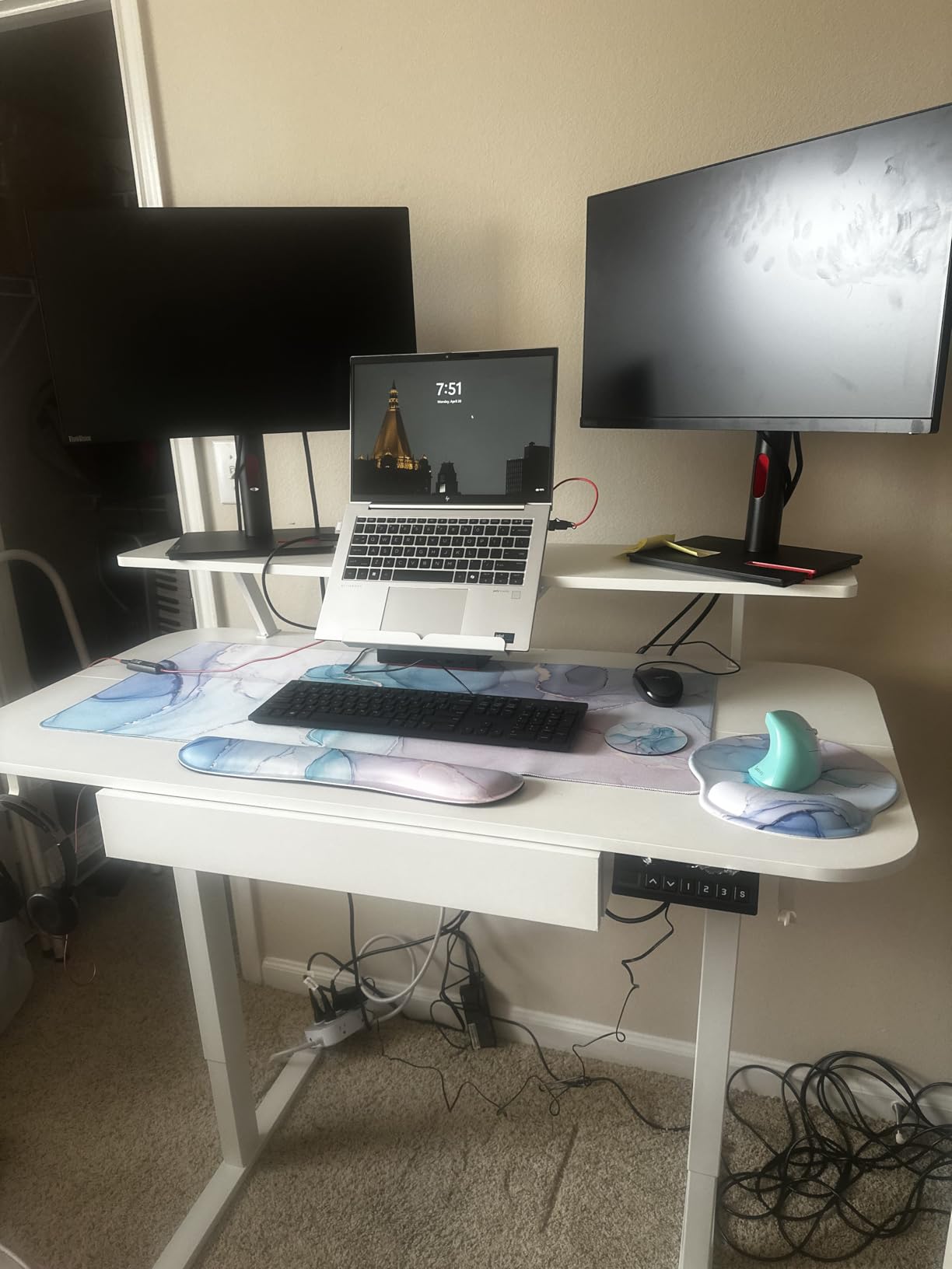 GTPLAYER Electric Standing Desk with Drawers, 48 x 24 Inches Height Adjustable Computer Desk with Monitor Stand, Laptop Stand, Sit Stand up Desk with Memory Preset for Home, Office, White customer photo 2