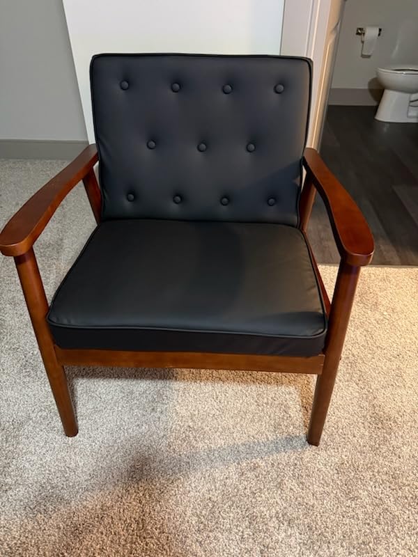 STHOUYN Black Leather Accent Chairs Set of 2, Waiting Room Chairs with Wood Arms, Office Guest Arm Chair, Mid Century Modern Living Room Chair customer photo 1
