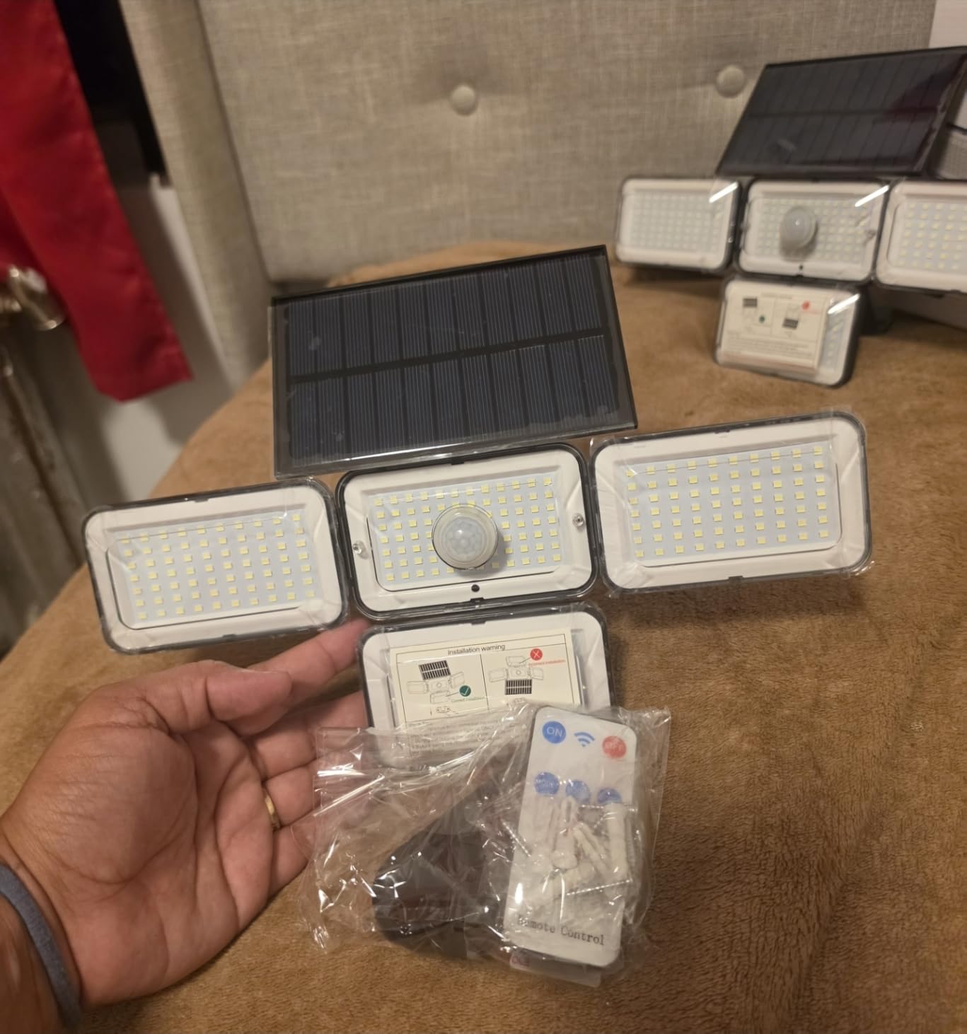 Solar Lights Outdoor Waterproof, 288 LED 2800LM Motion Sensor Outdoor Lights with Remote Control, 4 Head Solar Flood Lights Outdoor for Patio, Garage, Yard, Wall, IP65 Security Lights 2 Pack customer photo 1