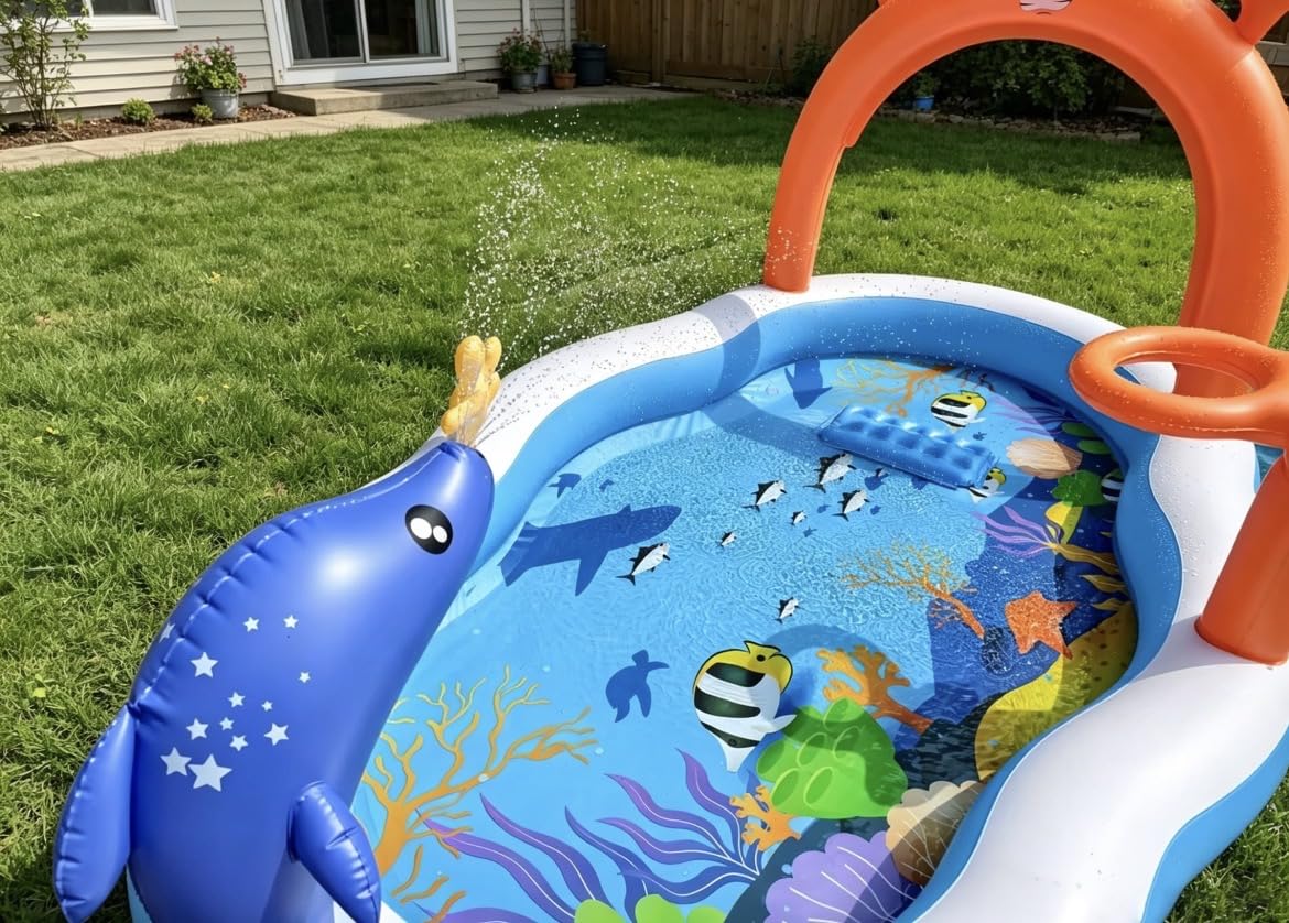 StarOcean 2026 Large Inflatable Play Center, Kiddie Pool with Water Slide & Sprinkler, 121