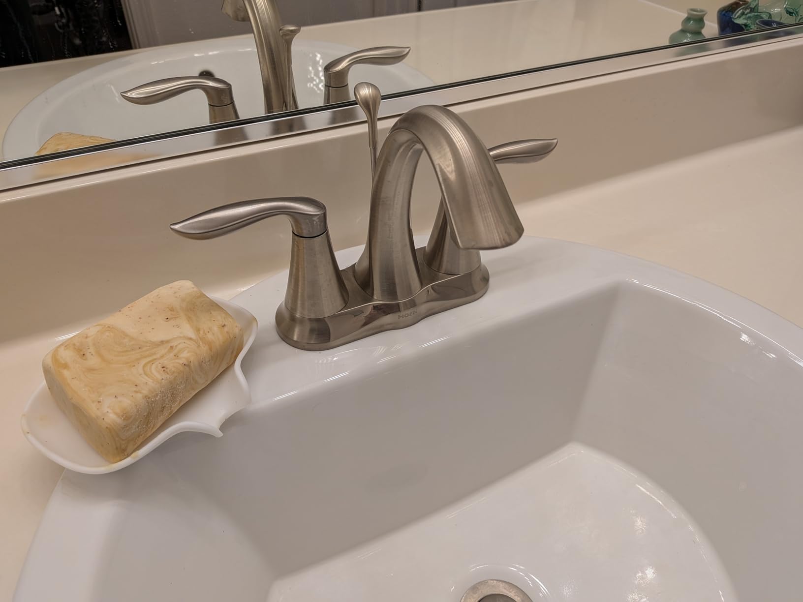 Moen Eva Brushed Nickel Two-Handle 4-Inch Centerset Bathroom Faucet with Drain Assembly, Bathroom Faucets for Sink 3-Hole, 6410BN customer photo 1