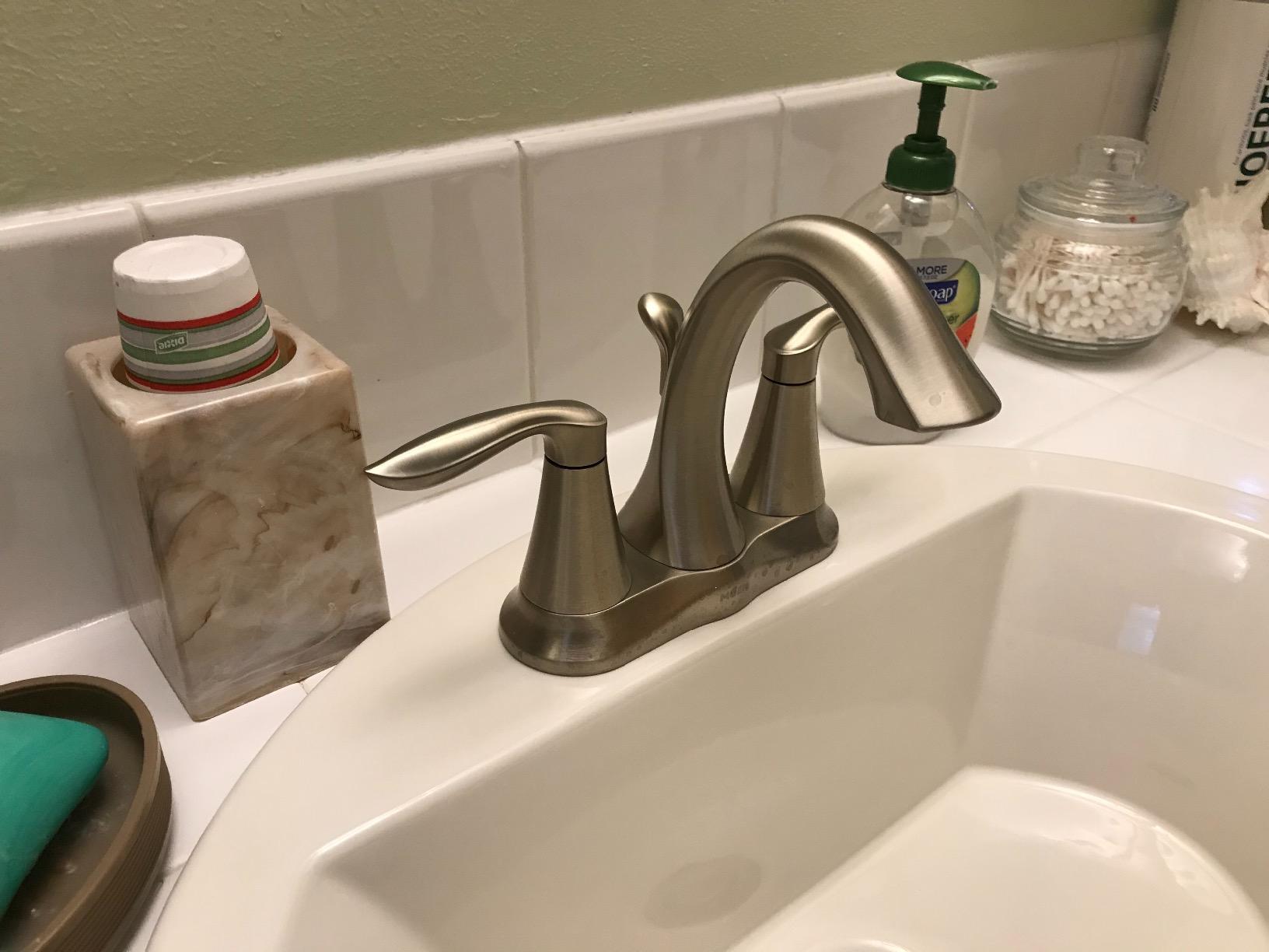 Moen Eva Brushed Nickel Two-Handle 4-Inch Centerset Bathroom Faucet with Drain Assembly, Bathroom Faucets for Sink 3-Hole, 6410BN customer photo 2