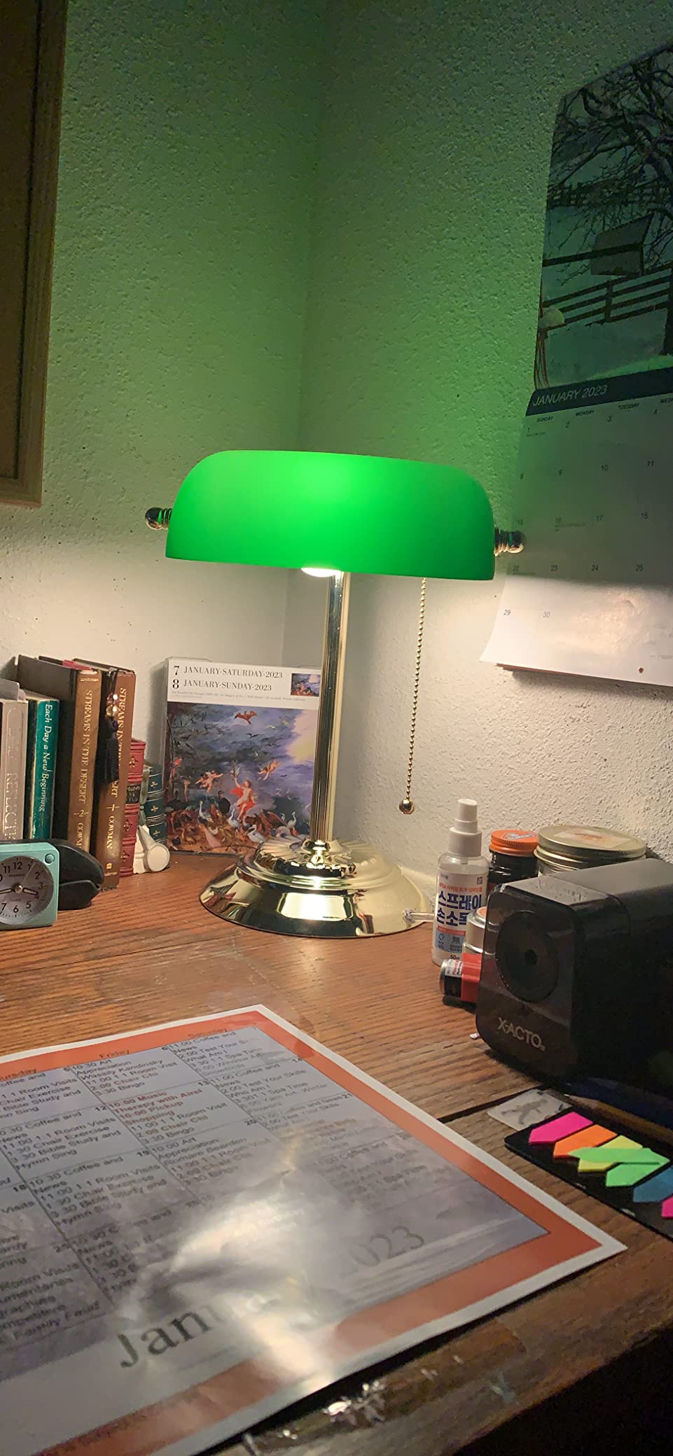 Catalina Lighting 13.5'' Traditional Banker's Lamp Light Fixture with Green Glass Cylinder Shade for Office, Library, Living Room, or Dorm, Polished Brass customer photo 2