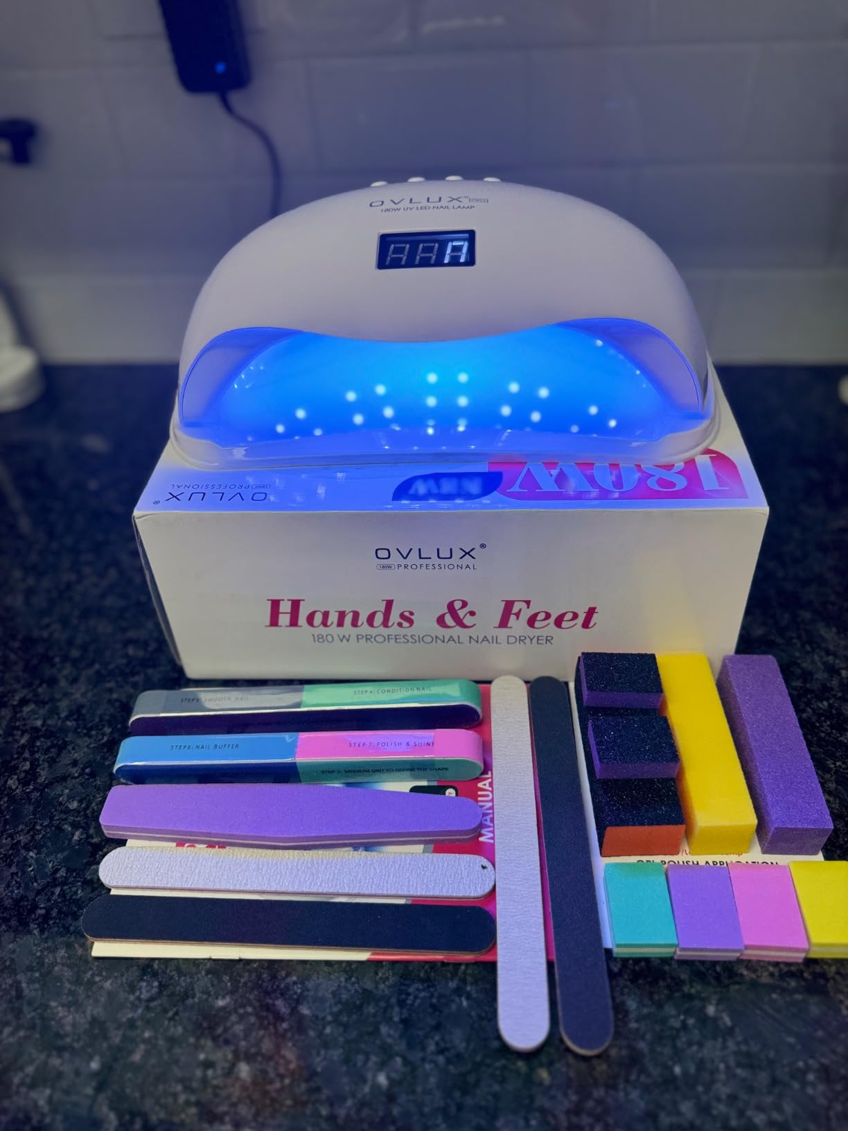 OVLUX 180W UV LED Nail Lamp Professional – Fast Gel Nail Dryer with 57 LEDs, LCD Countdown, Auto Sensor & Low Heat Mode, UV Light for Gel Nails, Salon & Home, Nail Buffer & File Set customer photo 1
