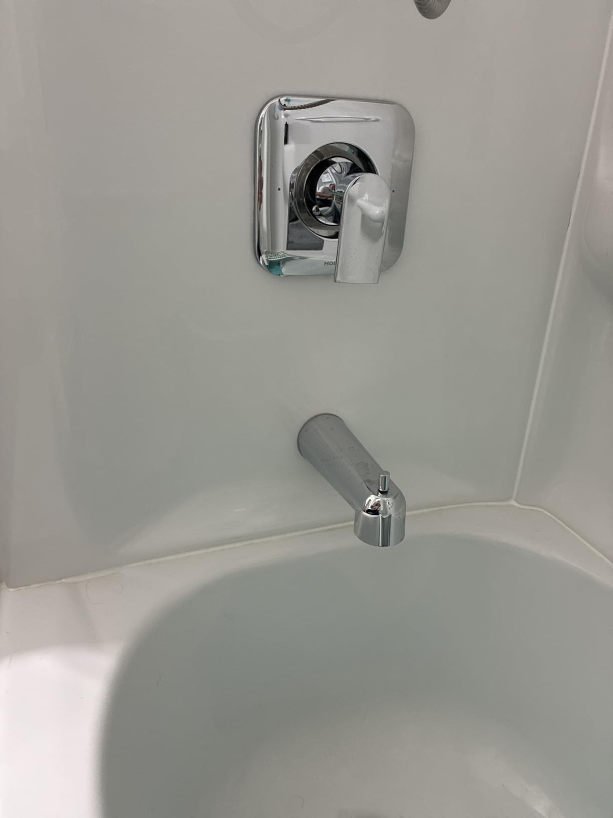 Moen Genta LX Brushed Nickel Pressure Balancing Eco-Performance Modern Shower Trim Including Showerhead, Shower Handle, and Tub Spout (Posi-Temp Valve Required), T2473EPBN customer photo 1