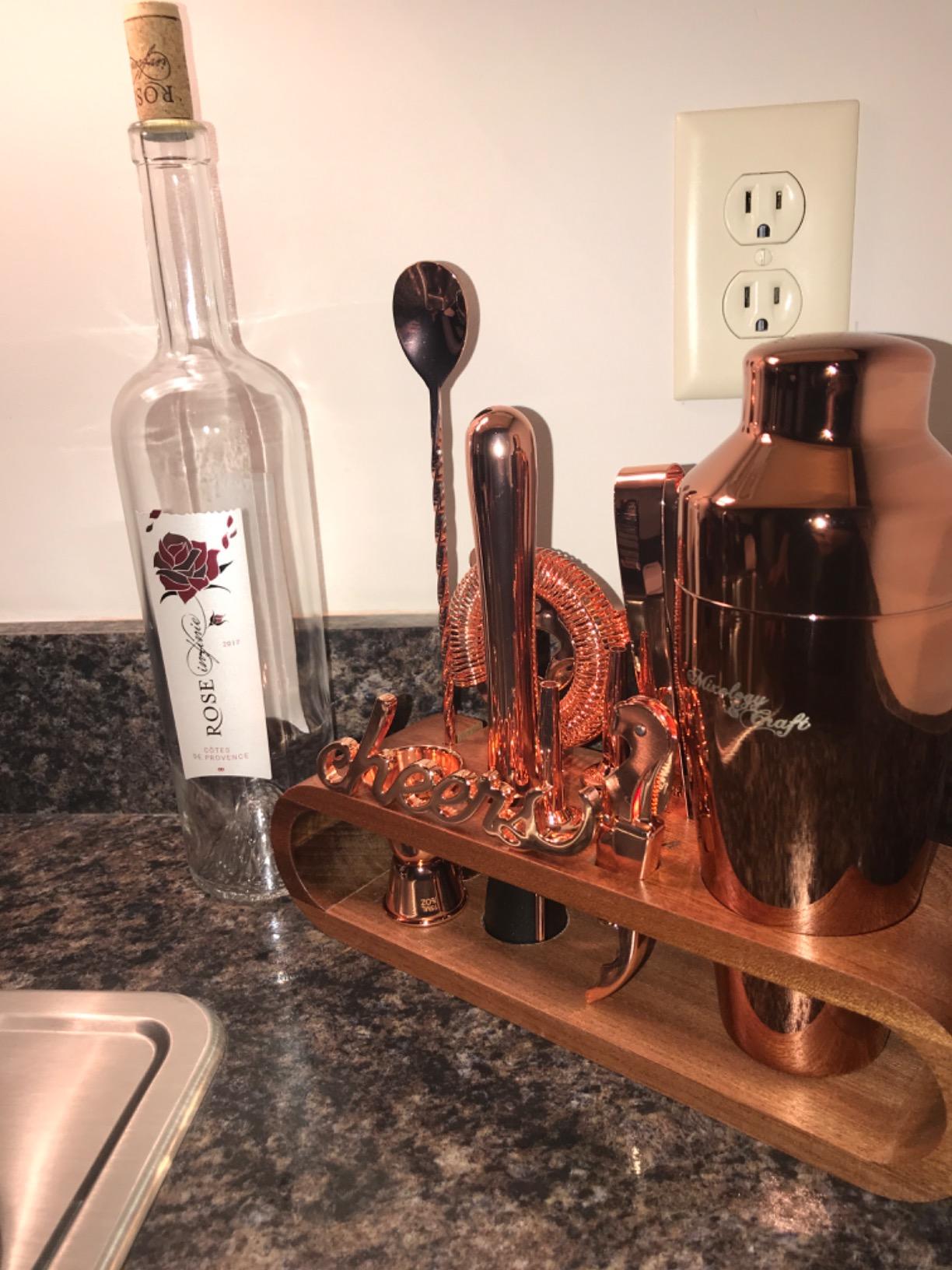 Mixology & Craft Cocktail Shaker Set with Dark Bamboo Stand - Professional 10-Piece Bartender Kit - Complete Bar Set & Cocktail Mixer Kit for Home (Silver) customer photo 2