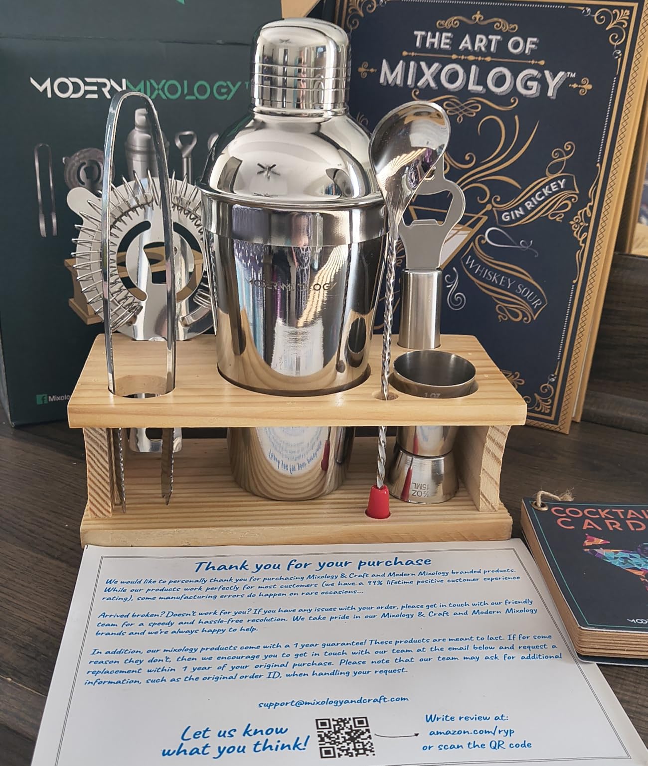 Modern Mixology Cocktail Shaker Set - Bartender Kit with Pine Stand | Leak-Proof Design | Includes Martini Shaker, Jigger, Strainer, Spoon, Tongs | Perfect Bar Tools Gift for Home Mixology (Silver) customer photo 2
