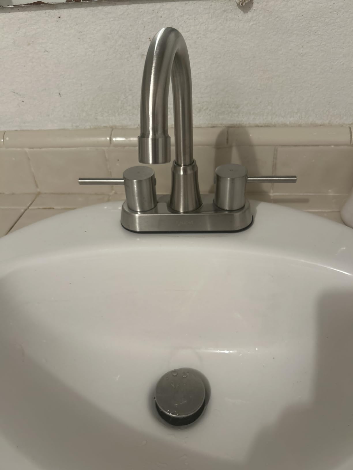 Bathroom Faucets, Bathroom Faucet 3 Hole, Bathroom Sink Faucet, Faucet for Sink 4 Inch 2 Handle Centerset, Lead-Free, with Copper Pop Up Drain (Brushed Nickel) customer photo 1