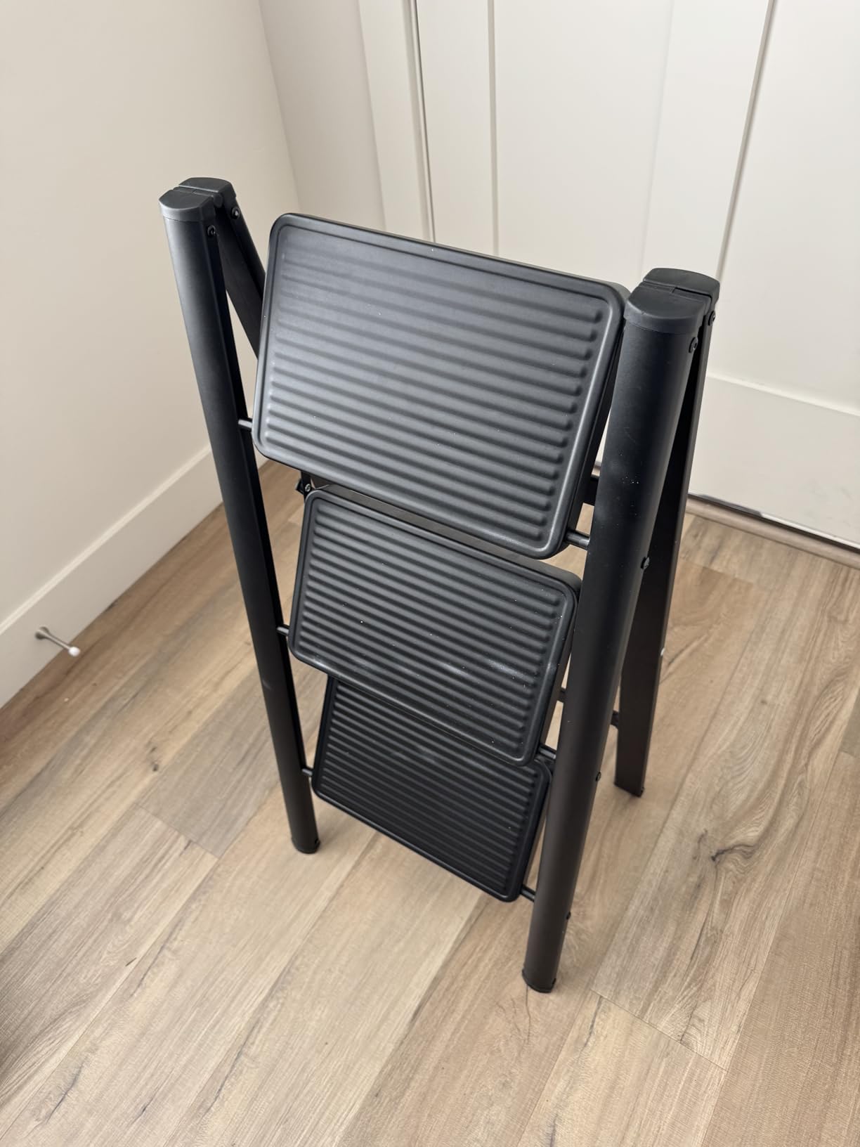 Double Elite Folding 3 Step Ladder, Sturdy Small Step Stool for Adults, Safer Full Steel Multi-use Kitchen Ladder for Home, Closet Step Stool Ladder with Wide Pedals, Black, 3-Step customer photo 1