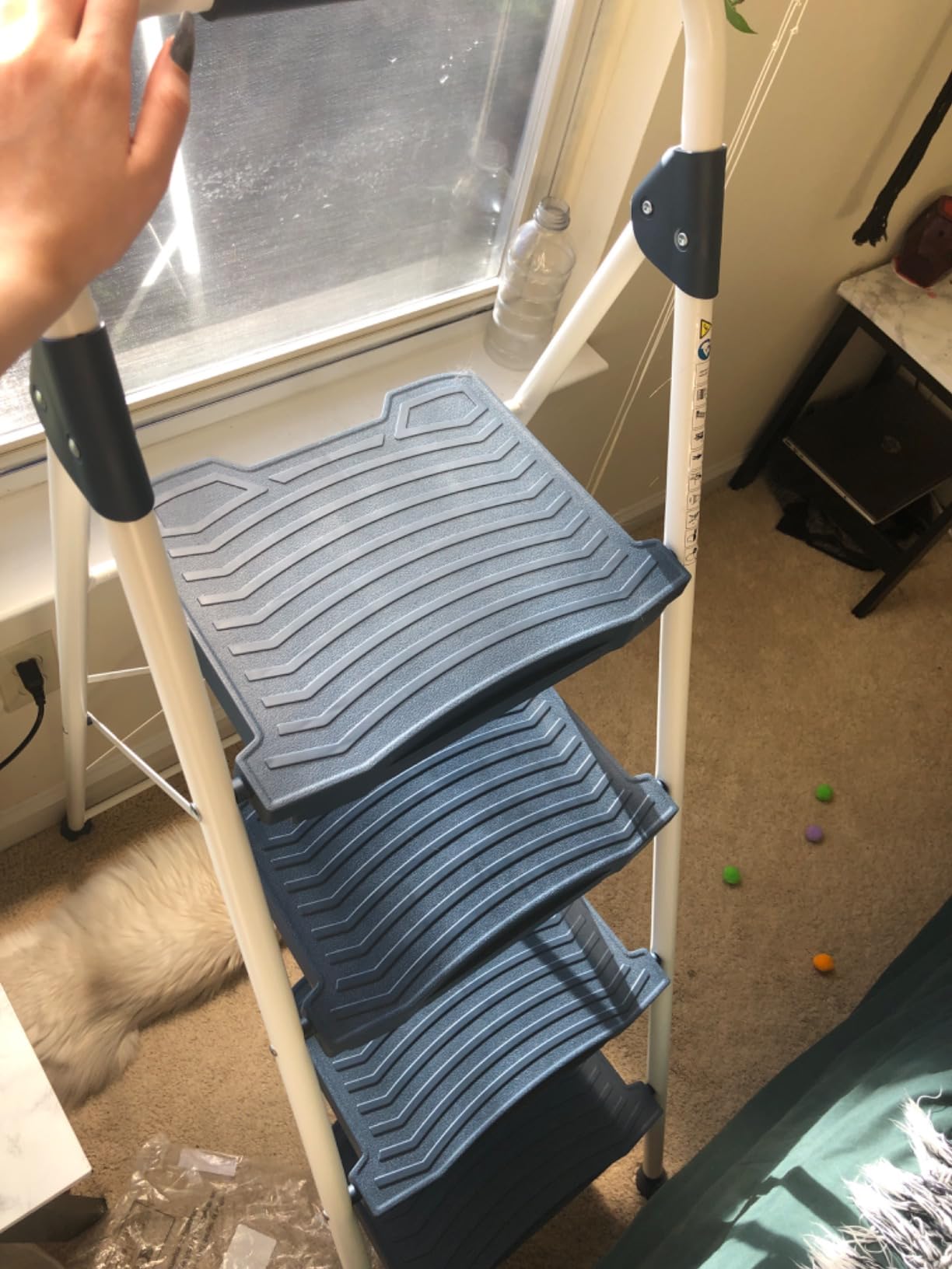 KINGRACK 3 Step Ladder, 900lbs Sturdy Step Stool with Handrail, Non-Skid Wide Pedals, Foldable 3 Stepladder with Safety Locking for Home, Garage, Garden, Office, Blue customer photo 1