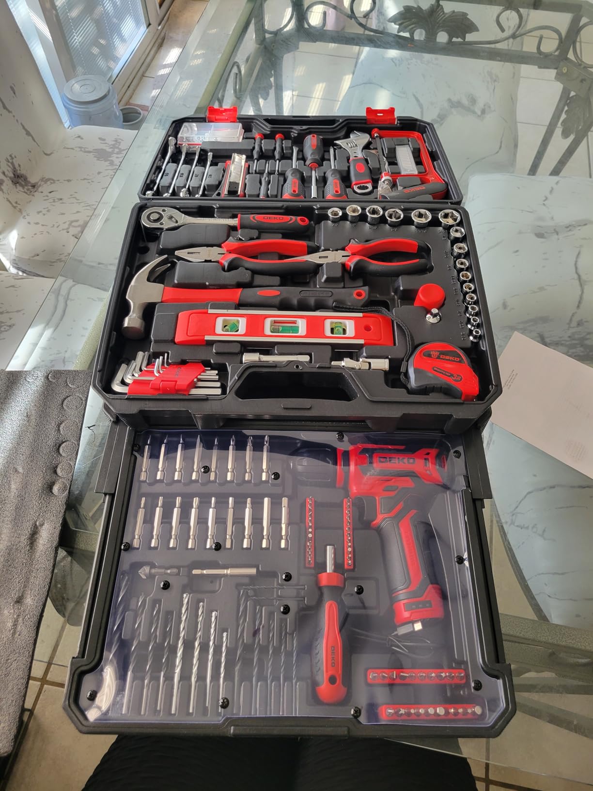 Tool Kit Box Drill Set：DEKOPRO Home Mechanic Toolbox with 12V Power Cordless Drill Hand Repair Tools Sets Combo Kits Storage Organizer Drawer Case for Men customer photo 2