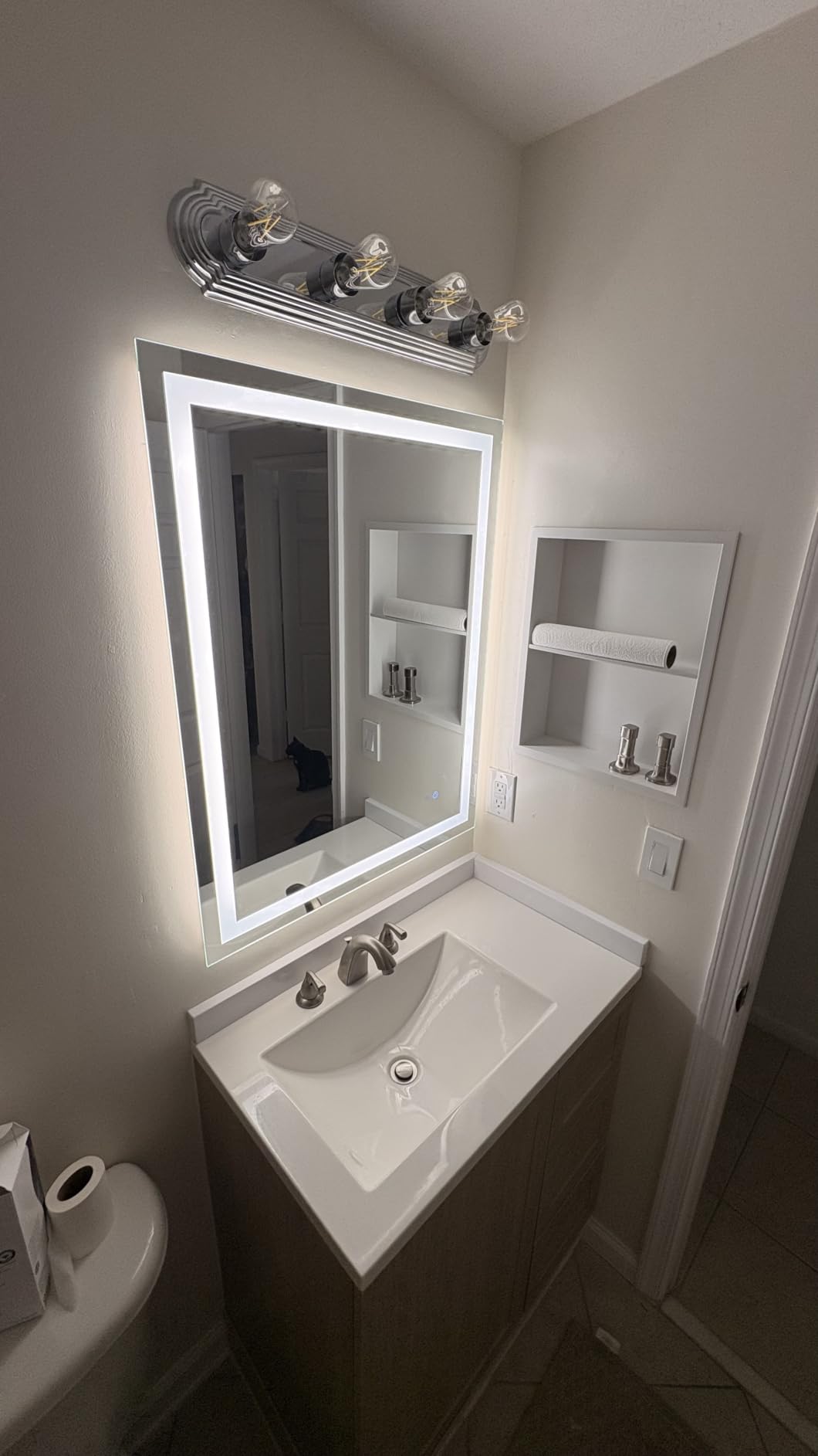 TETOTE LED Bathroom Mirror 24 x 30 Inch Lighted Bathroom Vanity Mirror with Lights, Brighter Frontlit and Backlit Light up Anti Fog Mirror, 3-Color Dimmable, Shatterproof Tempered Glass, Waterproof customer photo 1