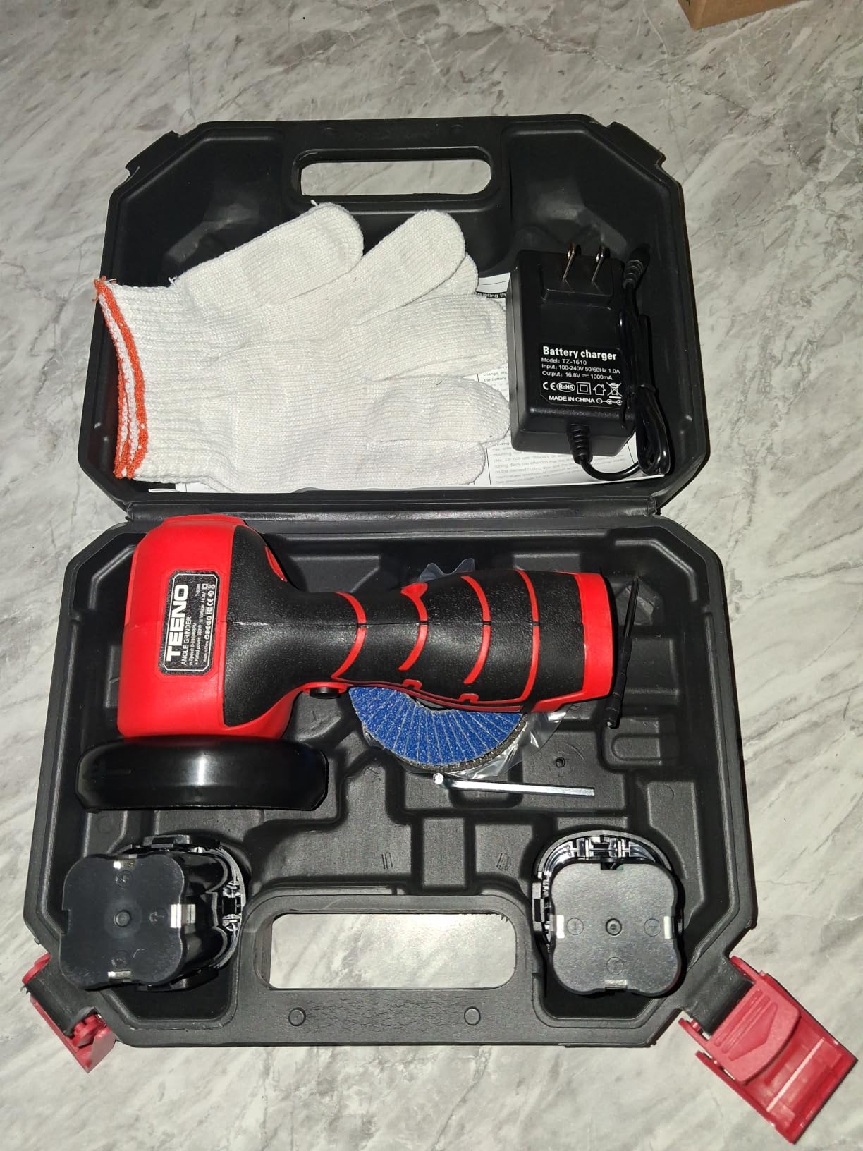 TEENO Cordless Angle Grinder Kit, 19,500 RPM Mini Electric Angle Grinding Tool with 2 pcs 16.8V 2000mAh Batteries and 6 Cutting Discs, 3-Inch Handheld Grinder for Metal/Wood Cutting and Grinding customer photo 2